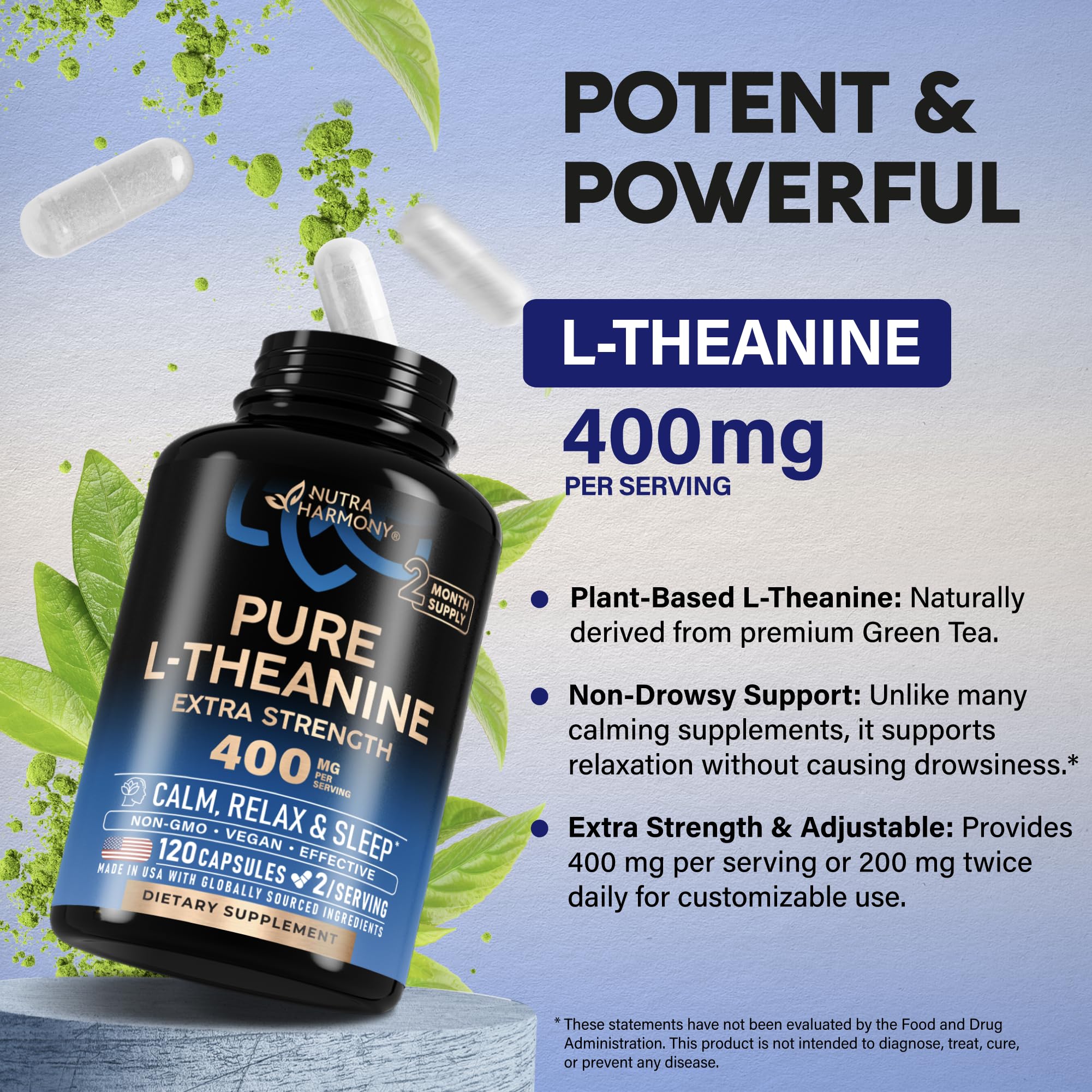 L Theanine 400 mg | L-Theanine Stress Relief | Extra Strength Supplement | Made in USA | Relaxation, Sleep & Calm Support | For Men & Women | Plant Based, Non-GMO & Gluten-Free | 180 Vegan Capsules - Image 4