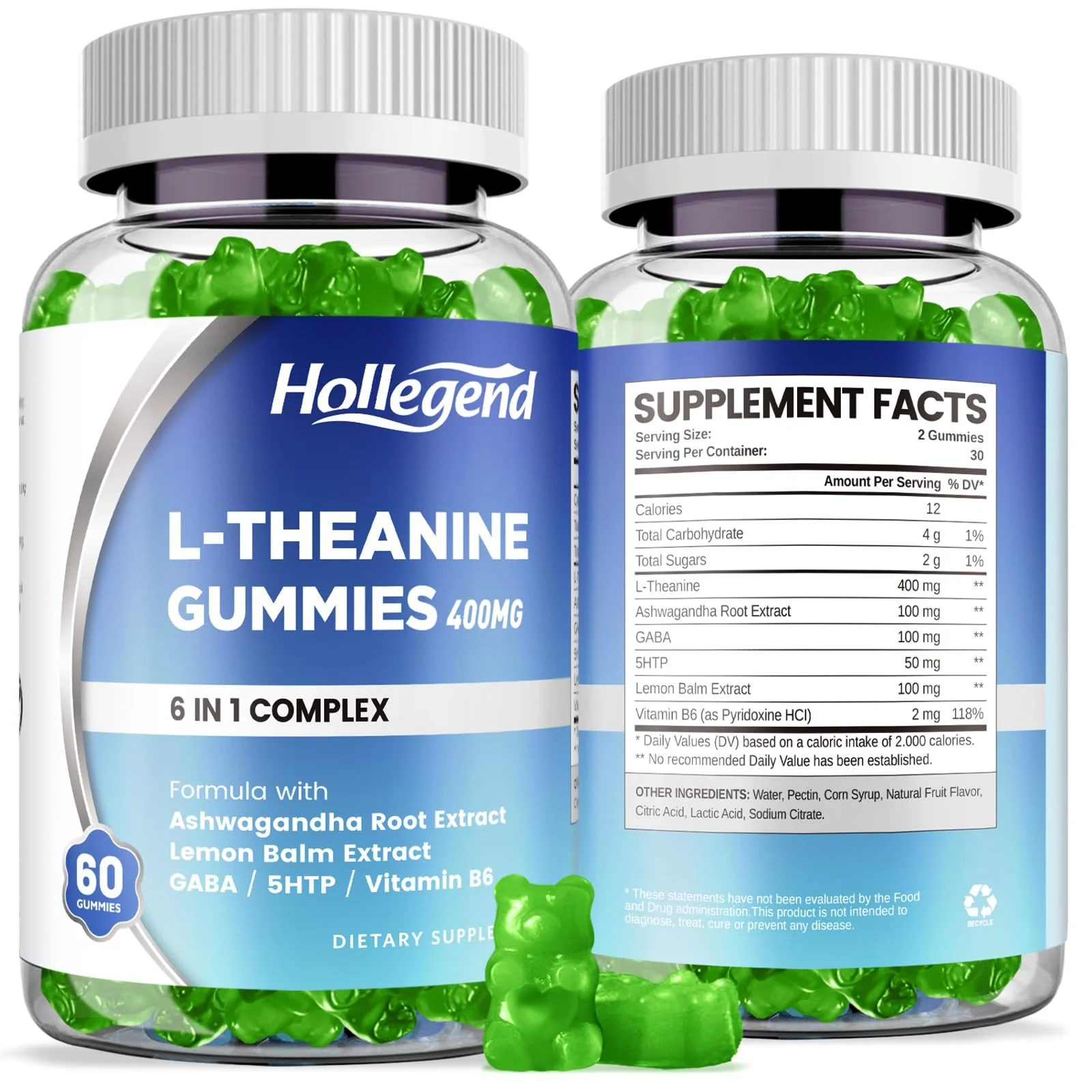 L-Theanine Gummies, l'theanine 400mg with Ashwagandha, GABA, 5HTP,L-Theanine Chewable Supplement for Relax, Zzz & Focus Support, Vegan, Lemon Flavor, 120 Counts