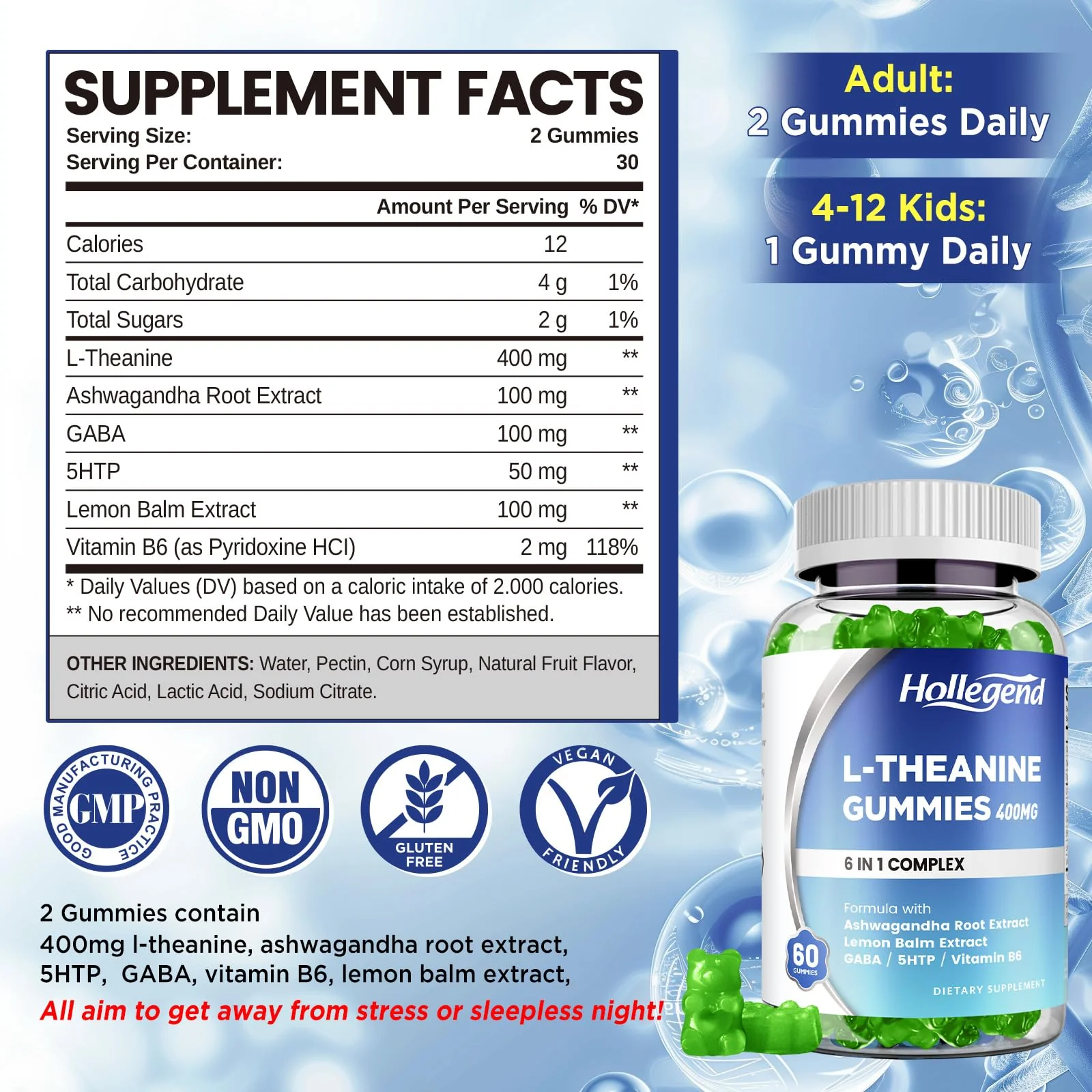 L-Theanine Gummies, l'theanine 400mg with Ashwagandha, GABA, 5HTP,L-Theanine Chewable Supplement for Relax, Zzz & Focus Support, Vegan, Lemon Flavor, 120 Counts - Image 2