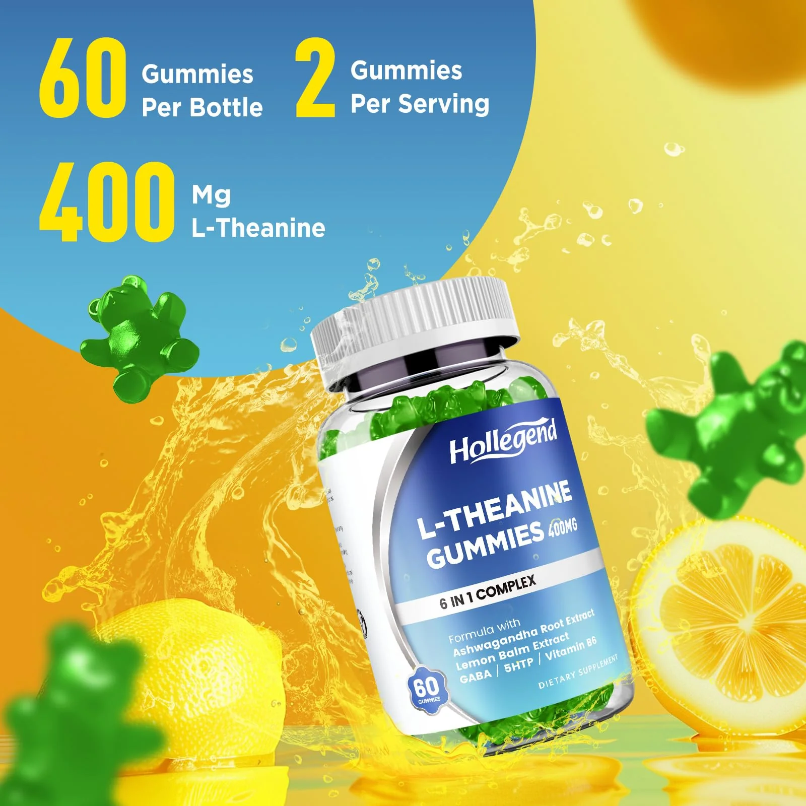 L-Theanine Gummies, l'theanine 400mg with Ashwagandha, GABA, 5HTP,L-Theanine Chewable Supplement for Relax, Zzz & Focus Support, Vegan, Lemon Flavor, 120 Counts - Image 4