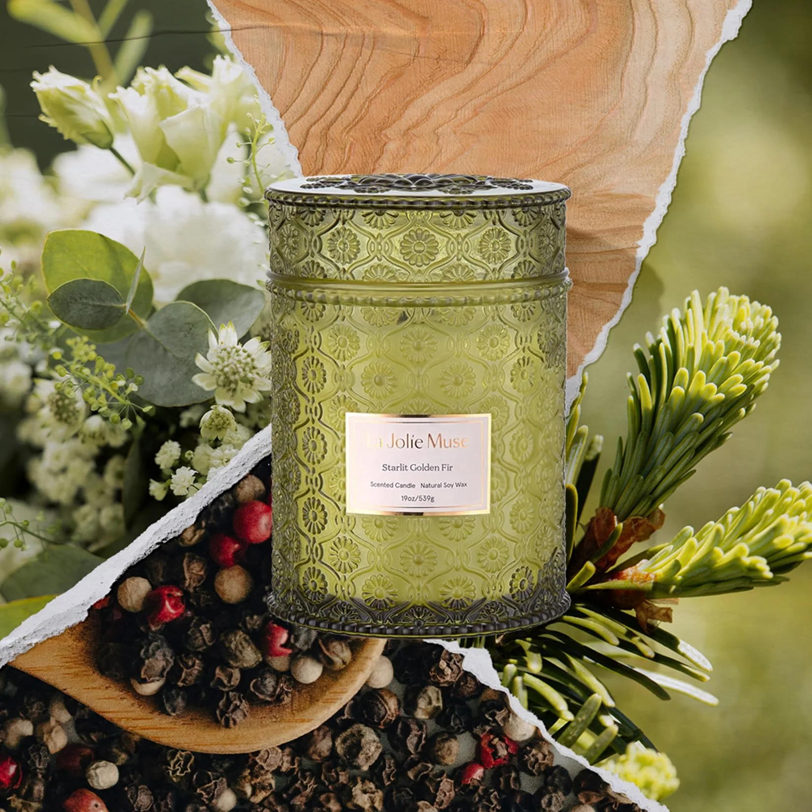 LA JOLIE MUSE Starlit Golden Fir Candle – Pine, Cedarwood, Fir Balsam | 19 oz Large Wooden Wick Candle | Natural Soy Wax | 90 Hours Clean Burn | Gift-Ready for Hosts & Gatherings - Image 3