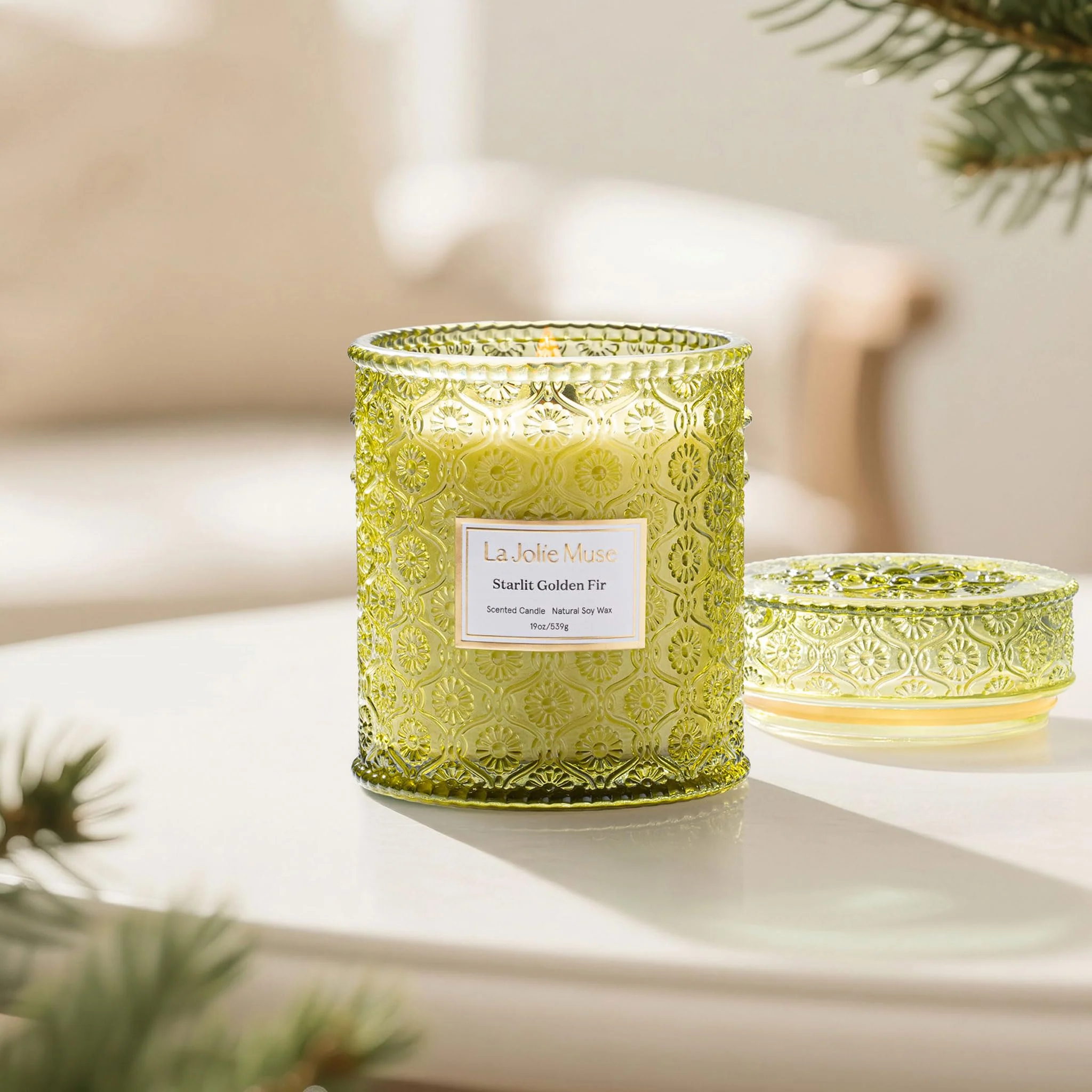 LA JOLIE MUSE Starlit Golden Fir Candle – Pine, Cedarwood, Fir Balsam | 19 oz Large Wooden Wick Candle | Natural Soy Wax | 90 Hours Clean Burn | Gift-Ready for Hosts & Gatherings - Image 5
