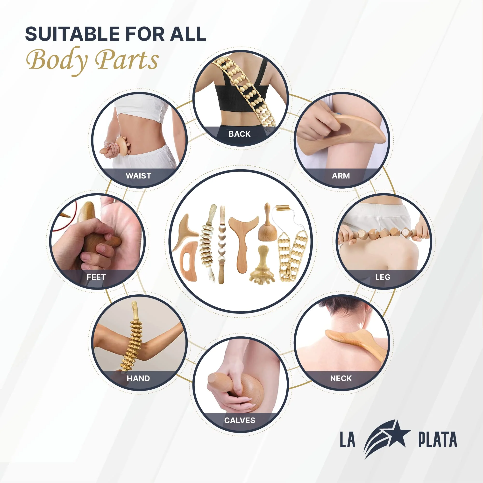 La Plata Wood Therapy Massage Tools -Lymphatic Drainage Massage- Maderoterapia Kit - Massage Body Sculpting Tools for Body Sculpting Anti-Cellulite