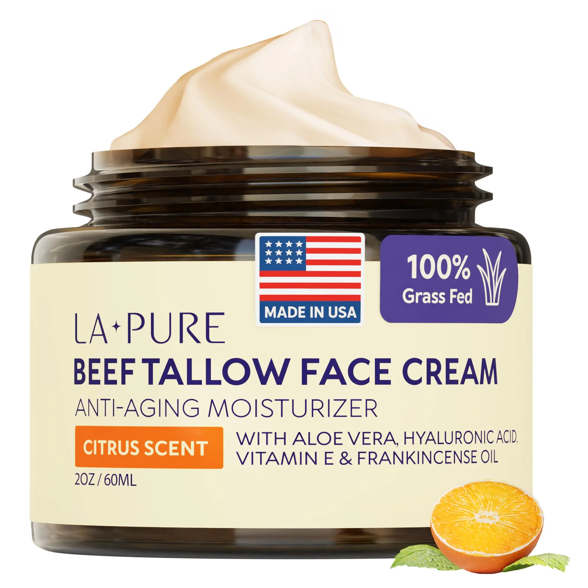 LA PURE Beef Tallow for Skin, Grass-Fed Tallow Face Cream with Aloe Vera, Hyaluronic Acid, Frankincense & Vitamin E to Hydrate, Firm, and Smooth Skin, Non-Greasy Moisturizer, Citrus Scent, 2 oz - Image 2