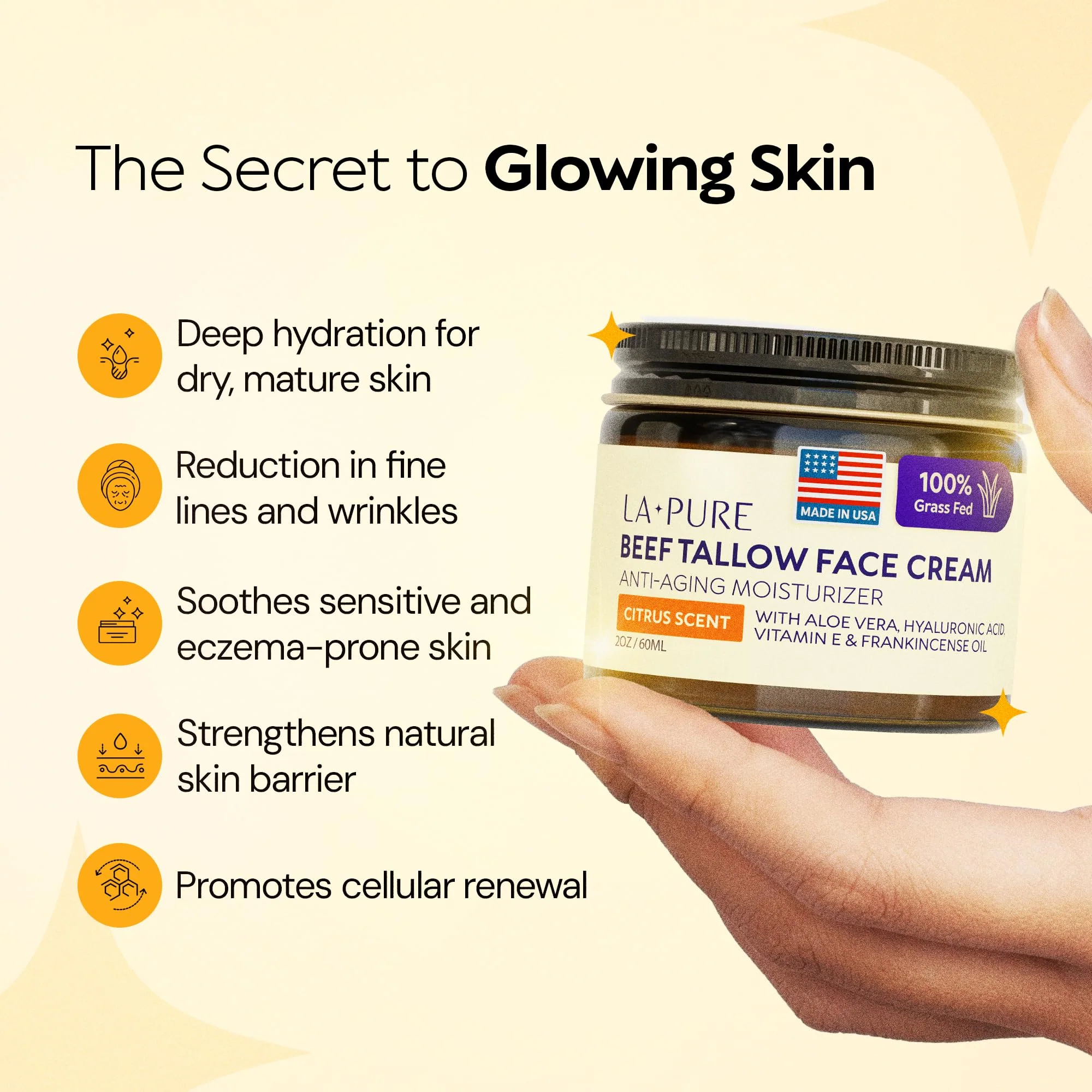 LA PURE Beef Tallow for Skin, Grass-Fed Tallow Face Cream with Aloe Vera, Hyaluronic Acid, Frankincense & Vitamin E to Hydrate, Firm, and Smooth Skin, Non-Greasy Moisturizer, Citrus Scent, 2 oz - Image 3