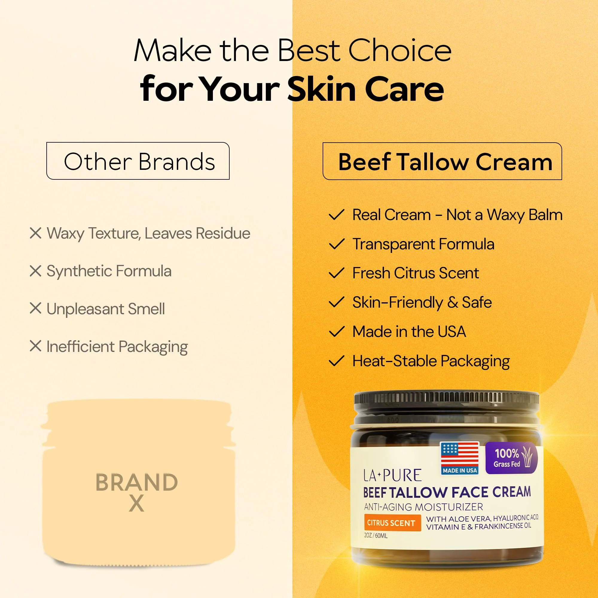 LA PURE Beef Tallow for Skin, Grass-Fed Tallow Face Cream with Aloe Vera, Hyaluronic Acid, Frankincense & Vitamin E to Hydrate, Firm, and Smooth Skin, Non-Greasy Moisturizer, Citrus Scent, 2 oz - Image 6