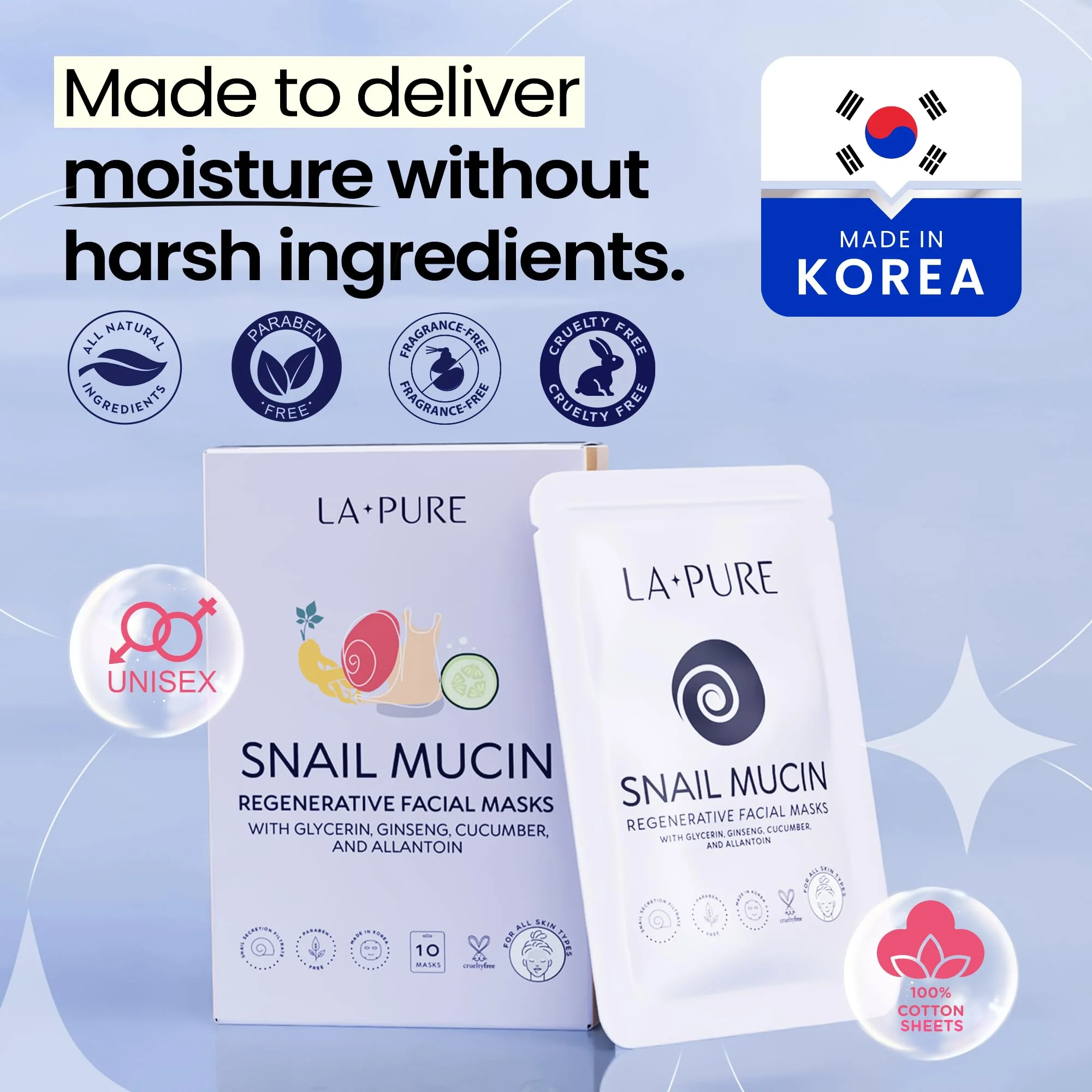 LA PURE Snail Mucin Mask – 10ct Korean Sheet Mask Pack for Signs of Aging, Aid Skin Repair & Hydration – Pure Snail Mask for Face with Collagen & Hyaluronic Acid – Cruelty-Free Hydrating Sheet Mask - Image 8