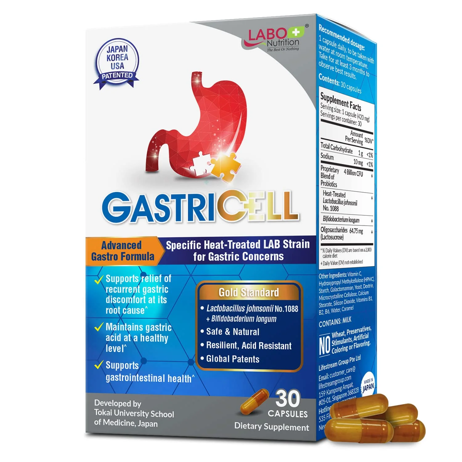 LABO Nutrition GASTRICELL - Acid Reflux, Heartburn, Recurring Gastric Discomfort For Natural Defence Against Gastric Distress, Supports Lining Integrity - Heat Treated Postbiotic, 1 Daily, 30 capsules - Image 2