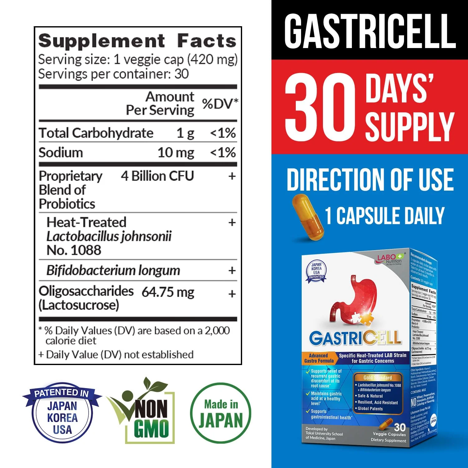 LABO Nutrition GASTRICELL - Acid Reflux, Heartburn, Recurring Gastric Discomfort For Natural Defence Against Gastric Distress, Supports Lining Integrity - Heat Treated Postbiotic, 1 Daily, 30 capsules - Image 8