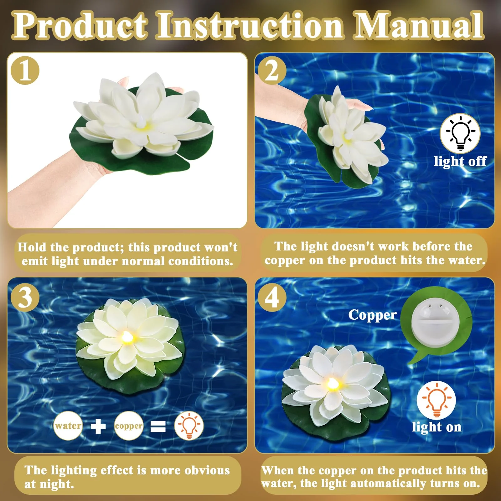 LACGO 12 PCS Waterproof Floating Lotus Light - 6'' Floating Flower Light Battery Operated Water Activated Warm White Pool Flower Lamp Wedding Anniversary Garden Decoration(6 Inch, White) - Image 3