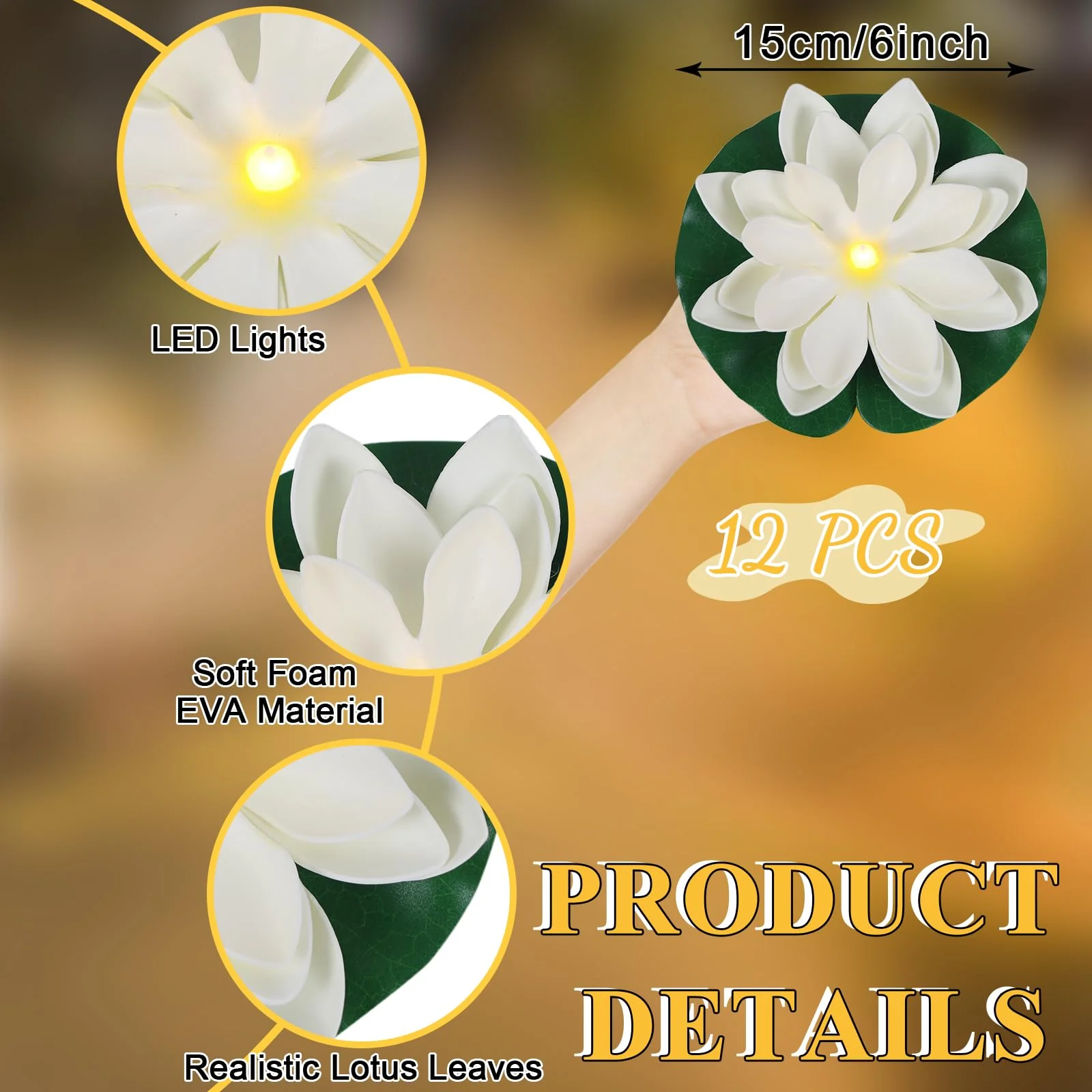 LACGO 12 PCS Waterproof Floating Lotus Light - 6'' Floating Flower Light Battery Operated Water Activated Warm White Pool Flower Lamp Wedding Anniversary Garden Decoration(6 Inch, White) - Image 4