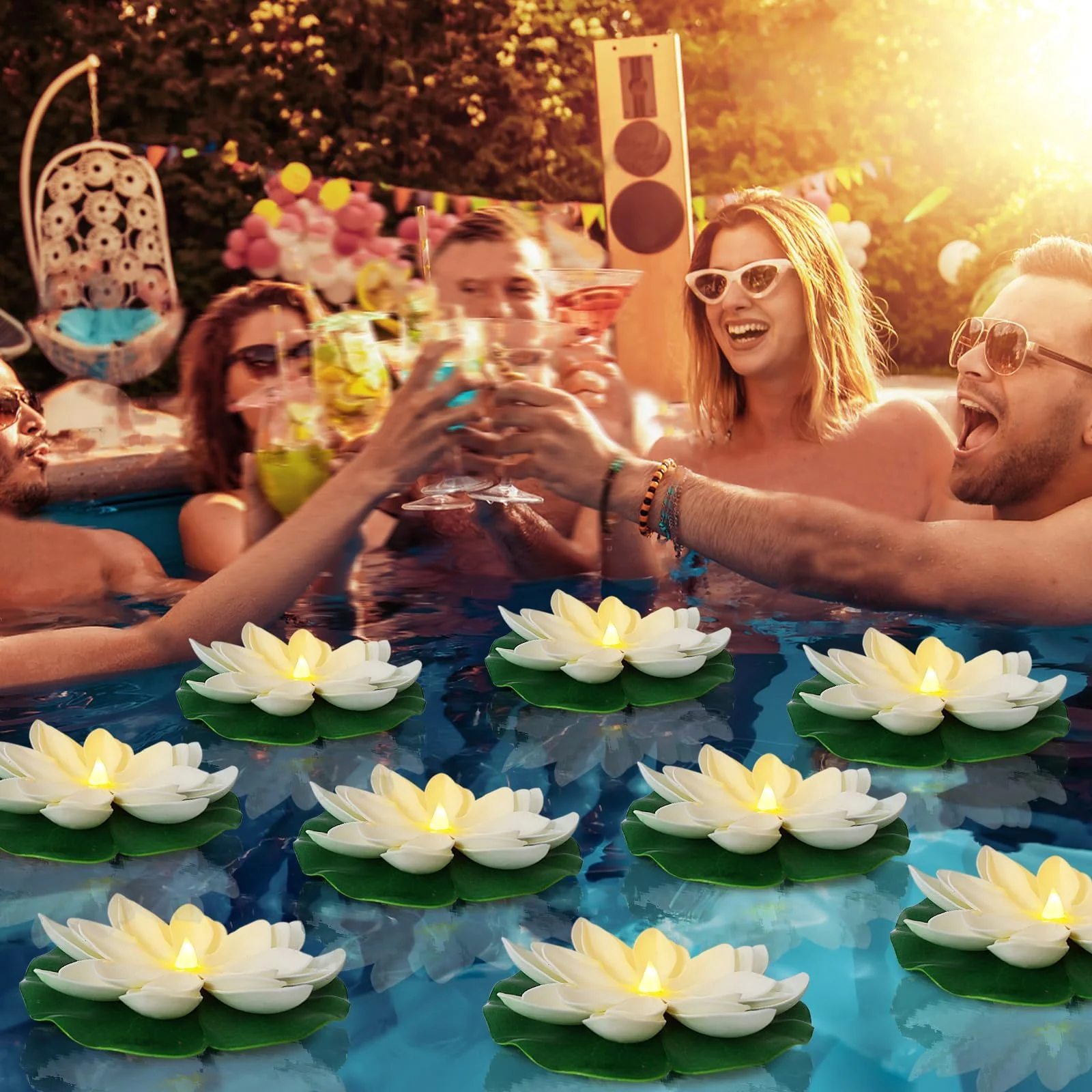 LACGO 12 PCS Waterproof Floating Lotus Light - 6'' Floating Flower Light Battery Operated Water Activated Warm White Pool Flower Lamp Wedding Anniversary Garden Decoration(6 Inch, White) - Image 6
