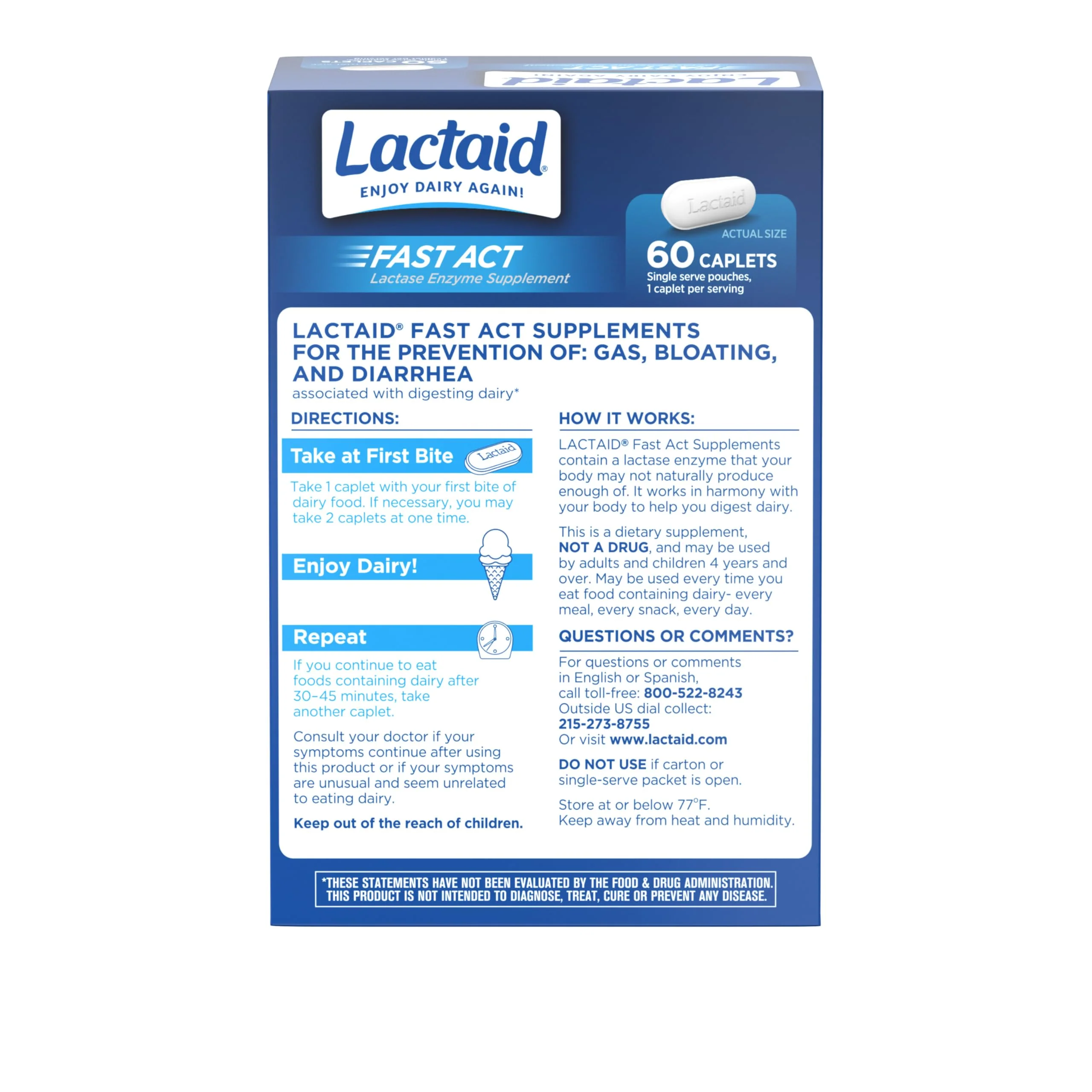 Lactaid Fast Act Lactose Intolerance Relief Caplets, Lactase Enzyme to Prevent Gas, Bloating and Diarrhea Due to Lactose Sensitivity, Single-Serve Supplements for Travel and On-The-Go, 60 Count - Image 6