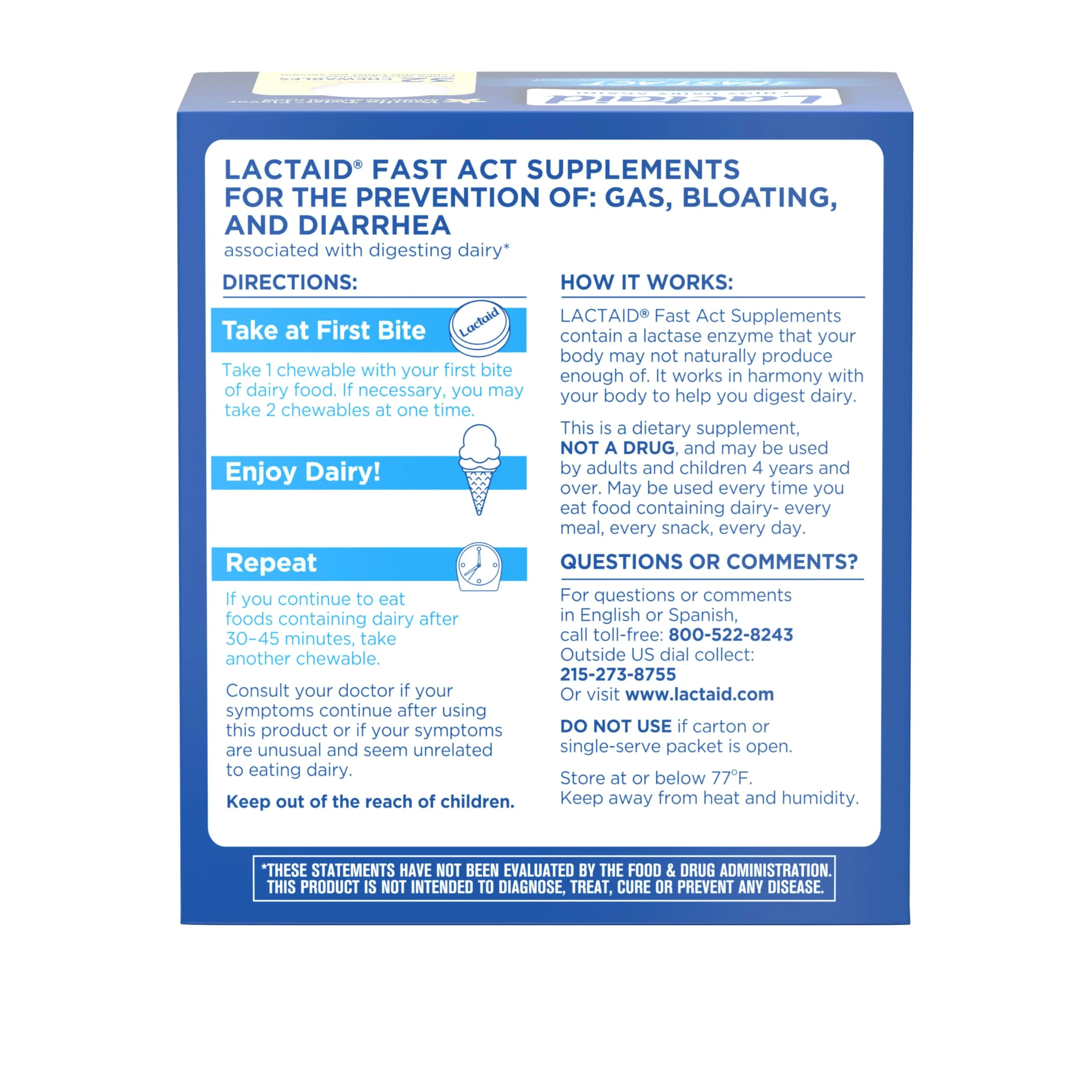 Lactaid Fast Act Lactose Intolerance Relief Chewables with Natural Lactase Enzyme to Prevent Gas, Bloating & Diarrhea Due to Lactose Sensitivity, On-The-Go, Vanilla Twist Flavor, 32 x 1 ct - Image 7