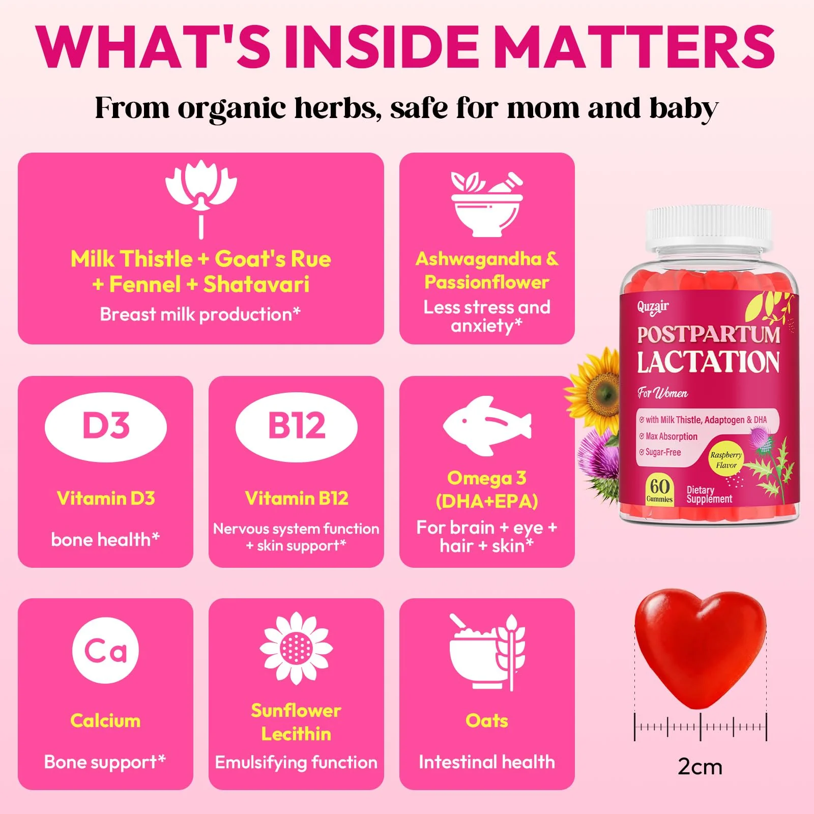 Lactation Supplement, Postpartum Lactation Support Gummies for Breastfeeding, with Milk Thistle and Postnatal Vitamins As Breast Milk Supply Booster, Recovery, Hair Growth, 60 Count Sugar Free & Vegan - Image 5