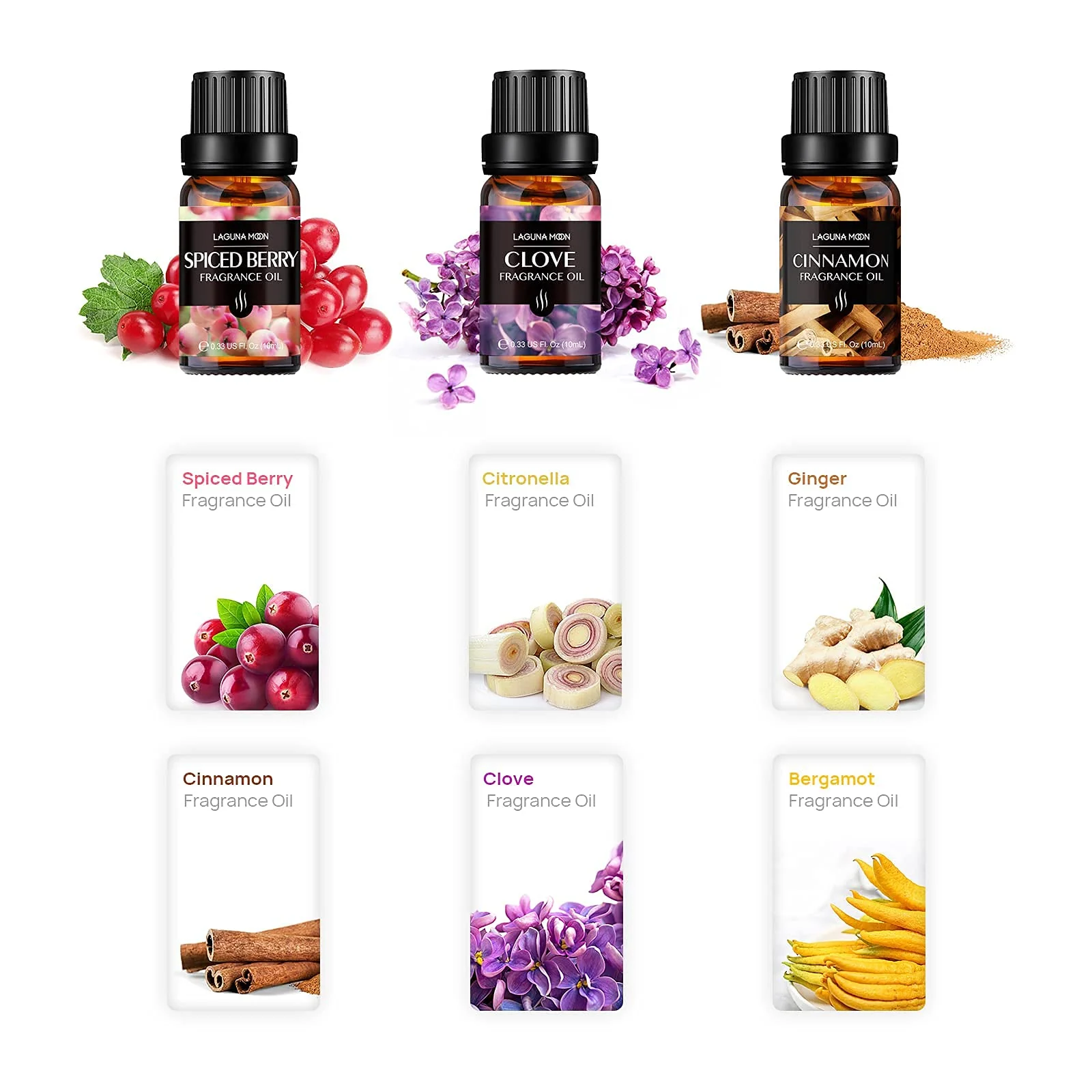 Lagunamoon Fall Essential Oils Set - Spice Fragrance Oils Autumn Gift Set for Diffusers, Home Care, Candle Making Scents, Aromatherapy - Cinnamon, Clove, Citronella, Ginger and Spiced Berries (10mL) - Image 2