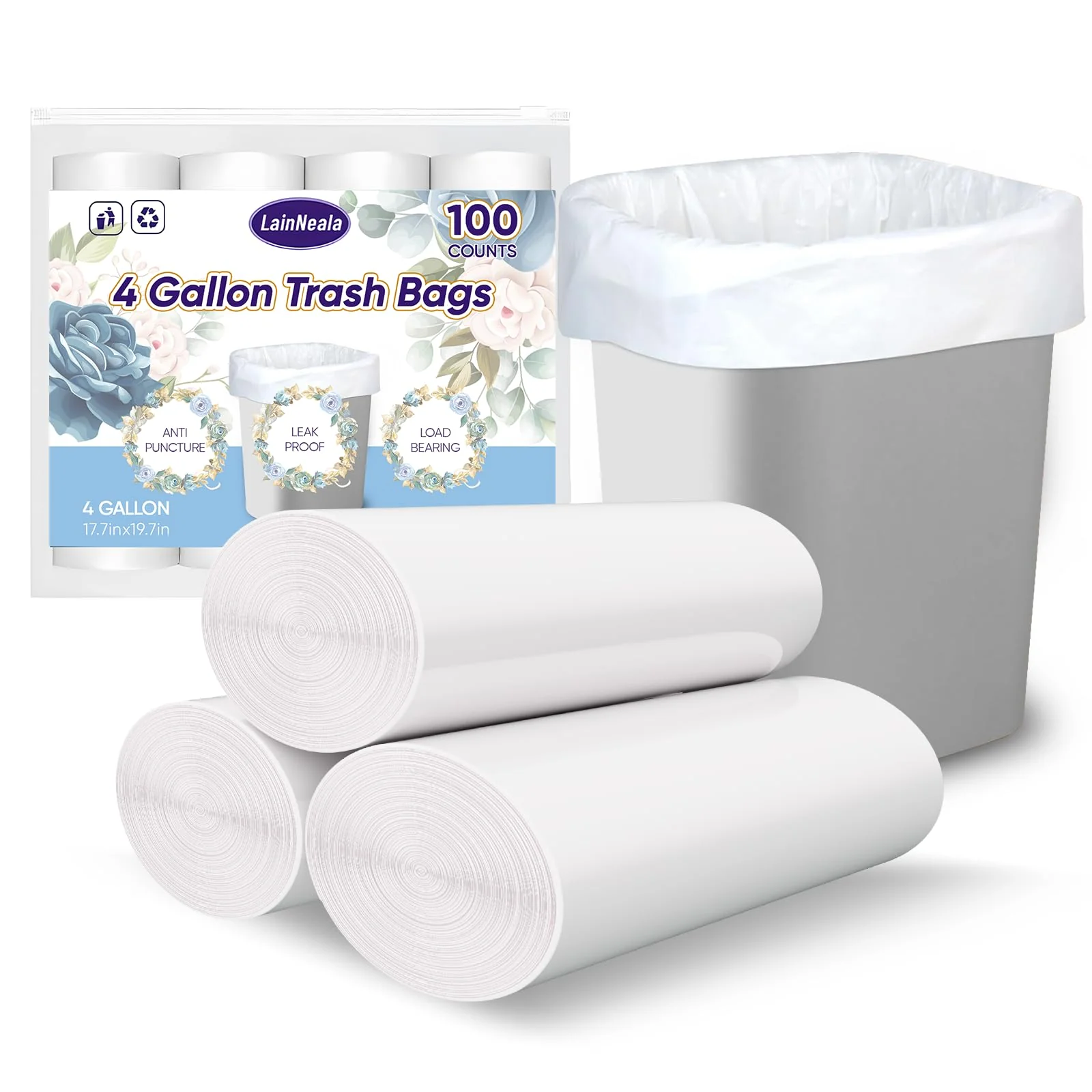 LainNeala Small Trash Bags 4 Gallon, 100 Count Small Garbage Bag Bathroom White Mini Trash Bag Trash Can Liners Unscented Small Garbage Bags for Bathroom Can