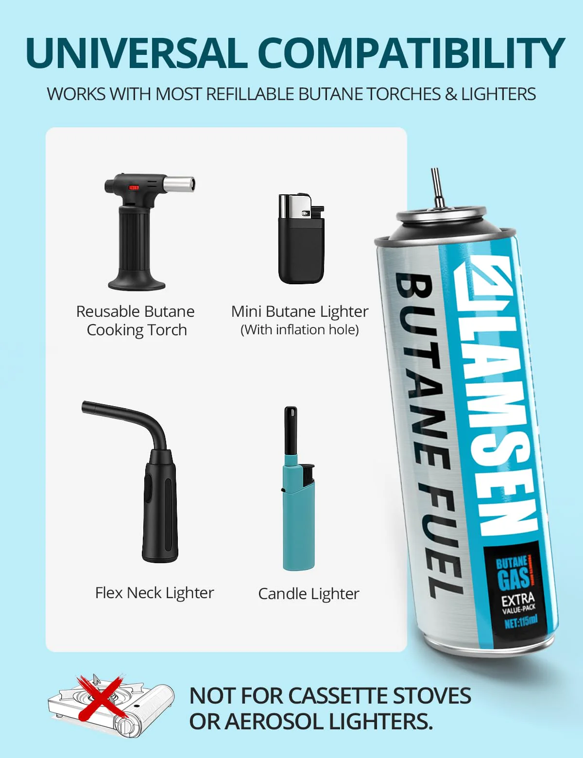 Lamsen Butane Refill - 115ml, Butane Fuel for Torch Lighter, Butane Canister for Torch Lighter, Butane Fuel Gas for Cooking, Camping and Welding, 3 Can - Image 4