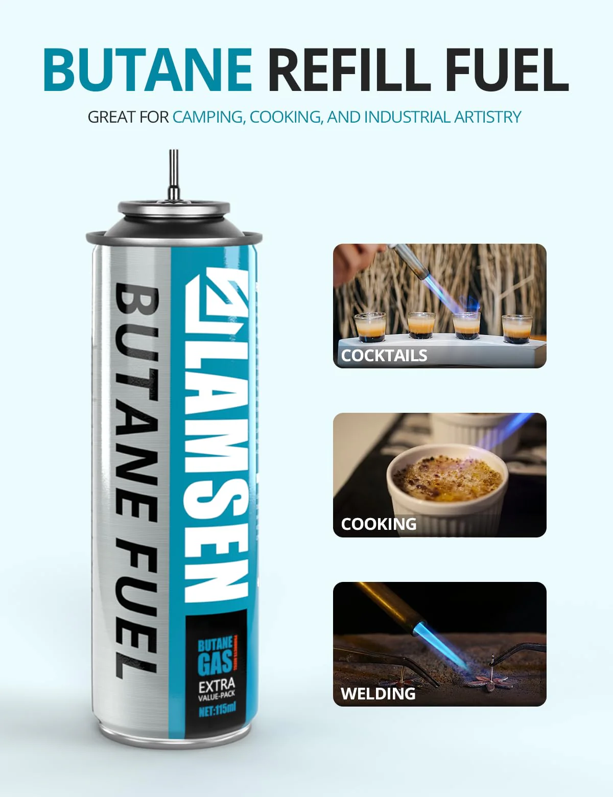 Lamsen Butane Refill - 115ml, Butane Fuel for Torch Lighter, Butane Canister for Torch Lighter, Butane Fuel Gas for Cooking, Camping and Welding, 3 Can - Image 6