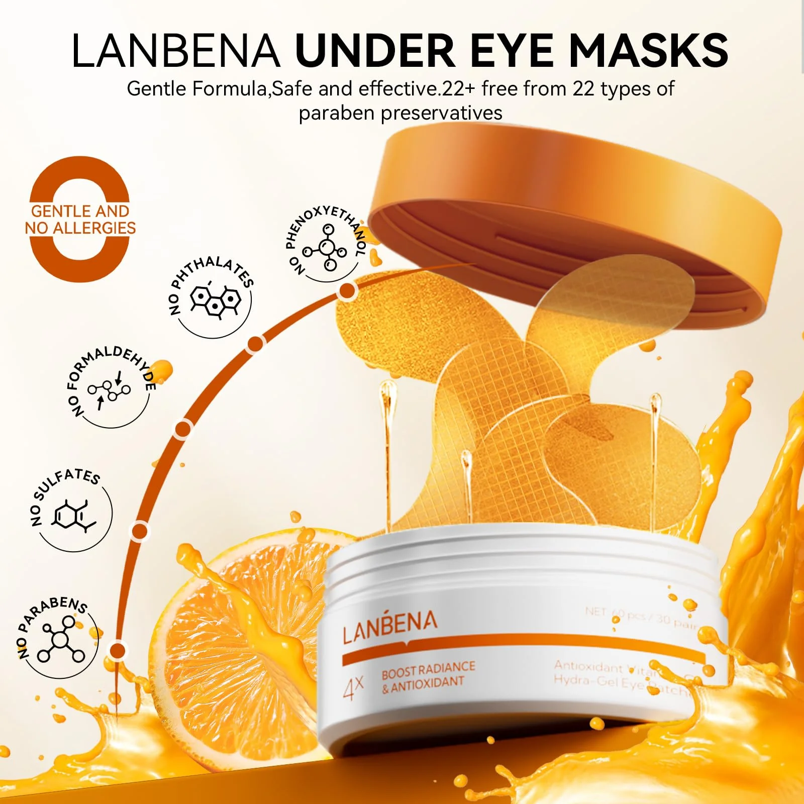 LANBENA Vitamin C Under Eye Patches for Dark Circles and Puffy Eyes, Cooling Eye Masks for Eye Bags, Fine Lines & Wrinkles Reduce, Anti-Aging, with Niacinamide Hydra-Gel Collagen-30 Pairs - Image 3