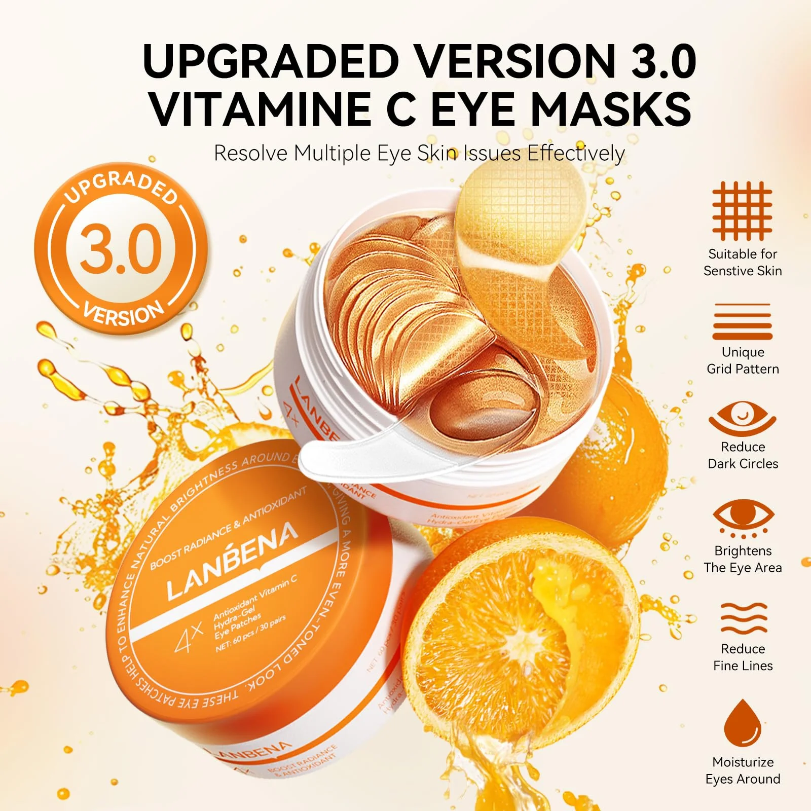 LANBENA Vitamin C Under Eye Patches for Dark Circles and Puffy Eyes, Cooling Eye Masks for Eye Bags, Fine Lines & Wrinkles Reduce, Anti-Aging, with Niacinamide Hydra-Gel Collagen-30 Pairs - Image 9