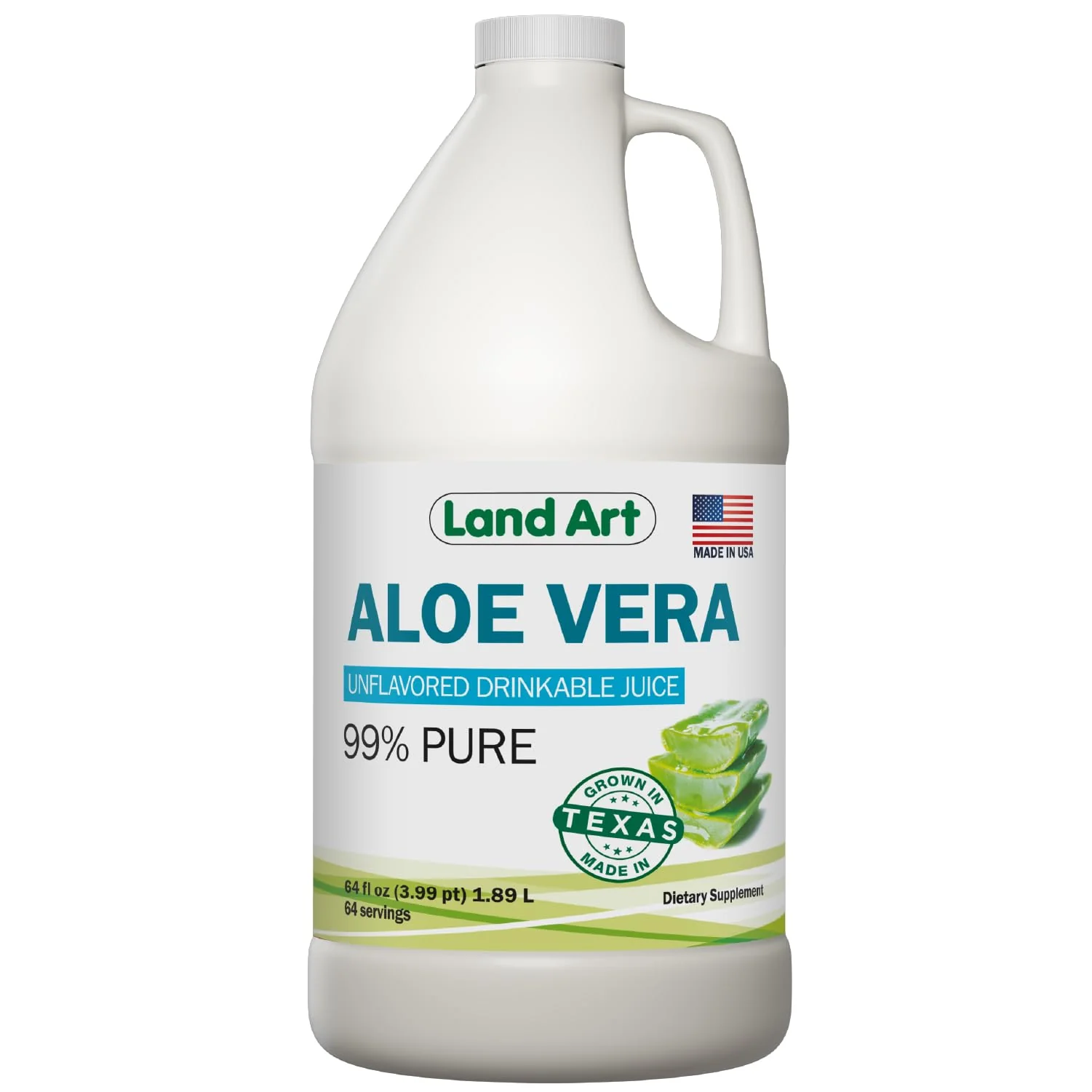 Land Art - Pure Aloe Vera Juice Unflavored – Cold-Processed - 99.7% Organic Aloe Vera Inner Fillet from Fresh Texas Leaves – Digestive Health, Detox and Natural Wellness – 64 fl oz
