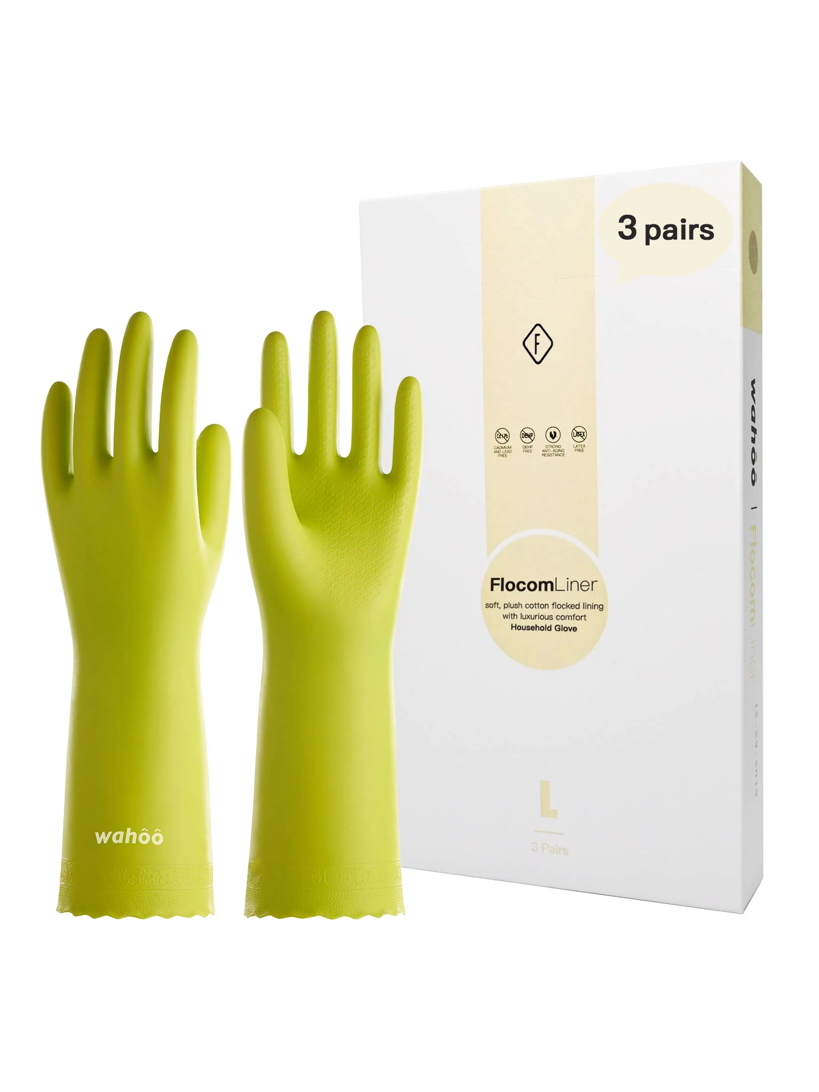 LANON 3 Pairs wahoo Skin-Friendly Cleaning Gloves, Dishwashing Kitchen Gloves with Cotton Flocked Liner, Reusable, Non-Slip, Bud Tender, Large