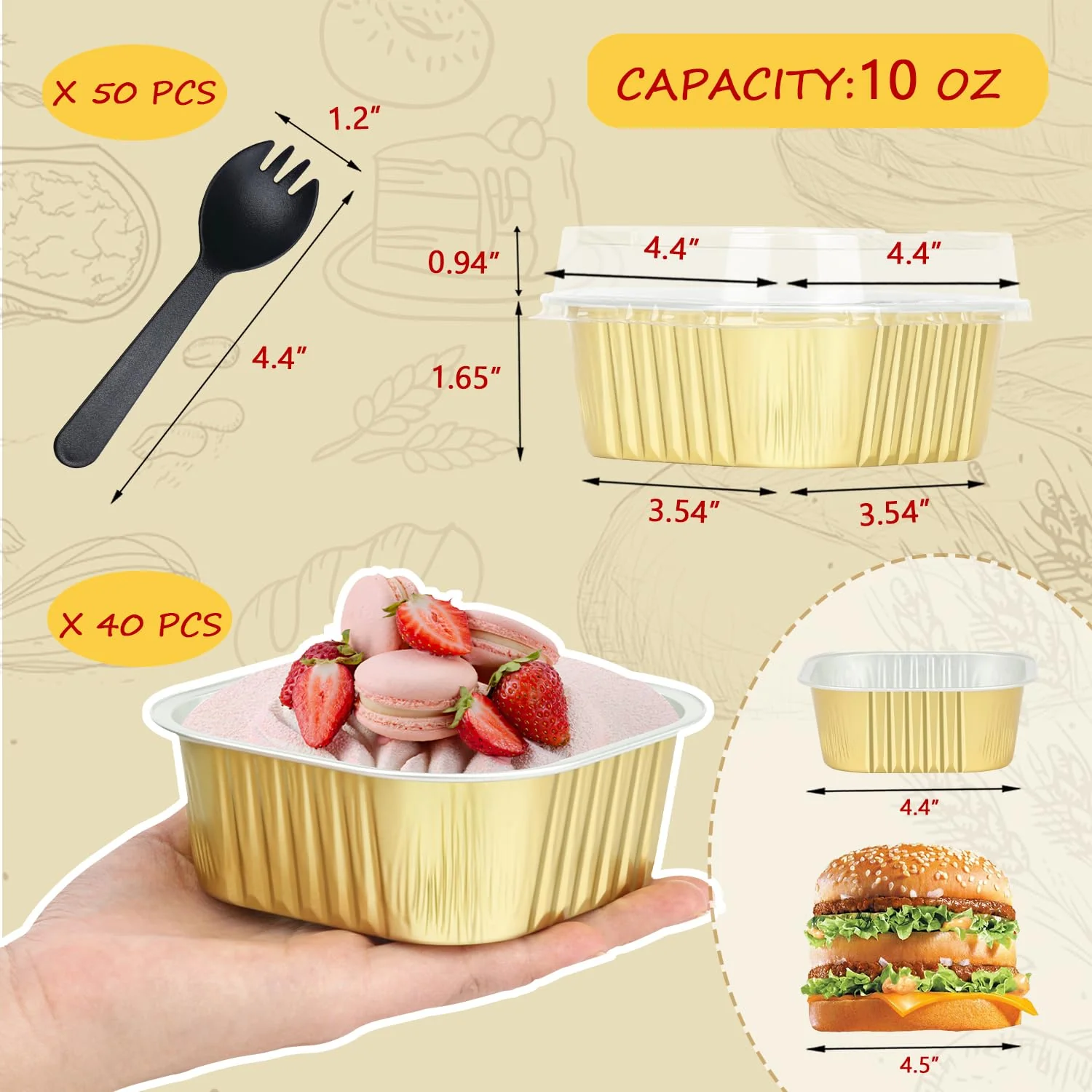 Large Cupcake Liners Aluminum Pans With Lids 40 Pack,LNYZQUS Square 10oz Small Cake Muffin Tin,Disposable Ramekins Baking Pan Containers For Brownie Mini Cake Bread Dessert-Gold - Image 6