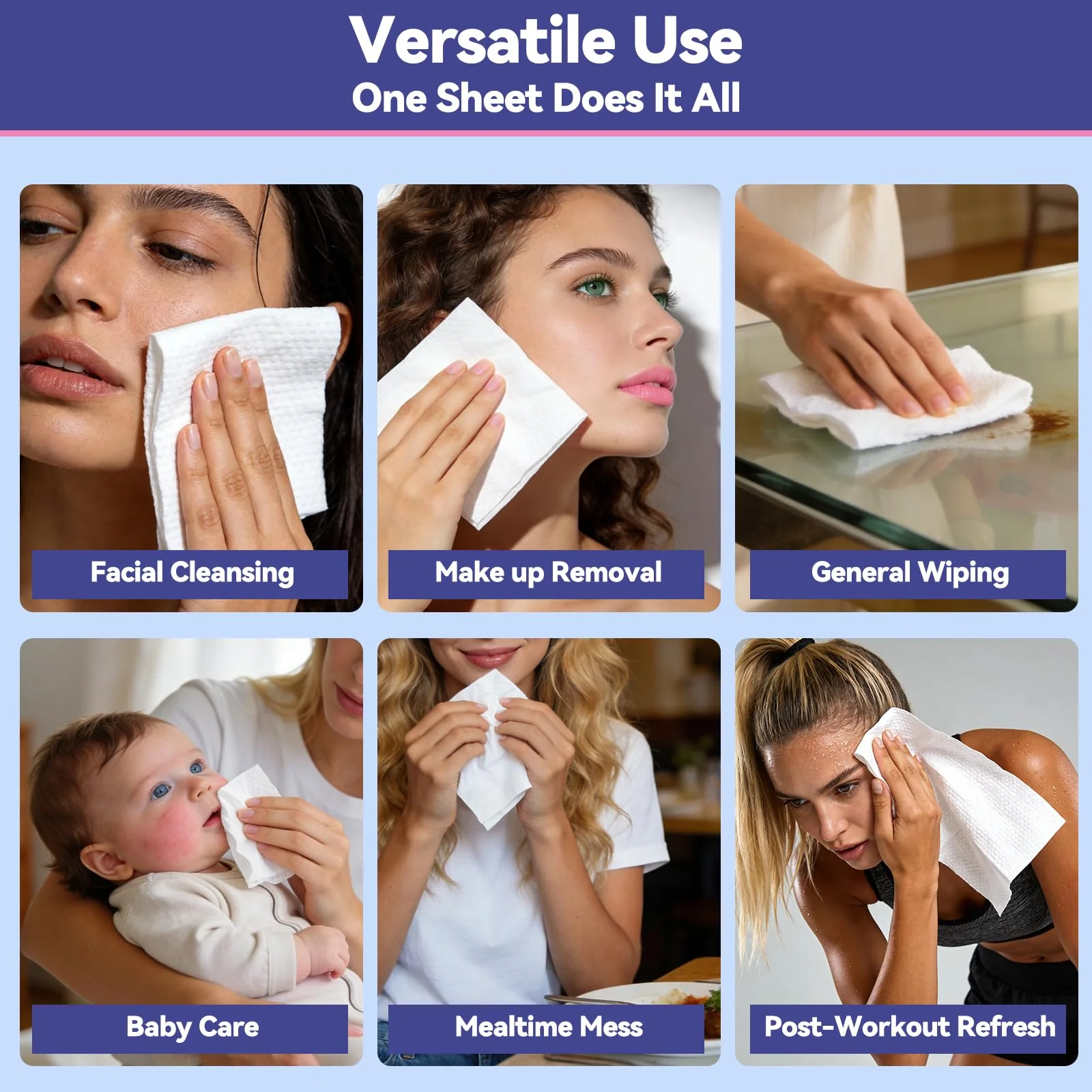 Large Disposable Face Towels 200 Count, 10"×12" Ultra Thick Premium Biodegradable Facial Towels, Makeup Remover Dry Wipes, Soft Face Towelettes for Sensitive Skin, Skincare and Women Cleaning - Image 2