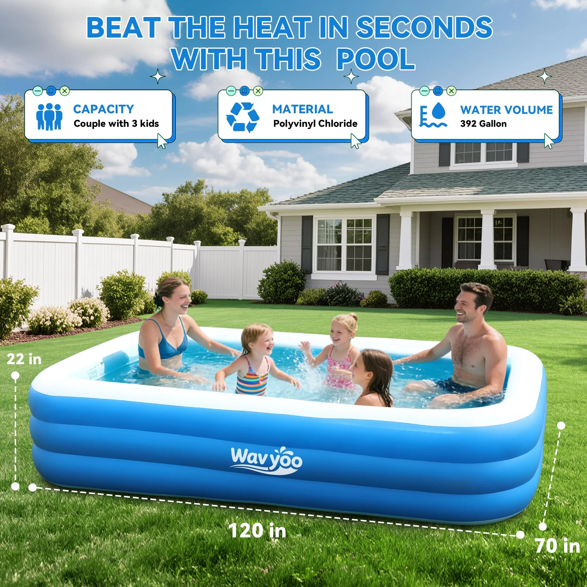 Large Inflatable Pool for Kids and Adults, Oversized Thickened Blow Up Pool for Kid and Adult, Durable Swimming Pool for Backyard, Outdoor, Garden, Summer Water Party (120“x70“x22) - Image 7