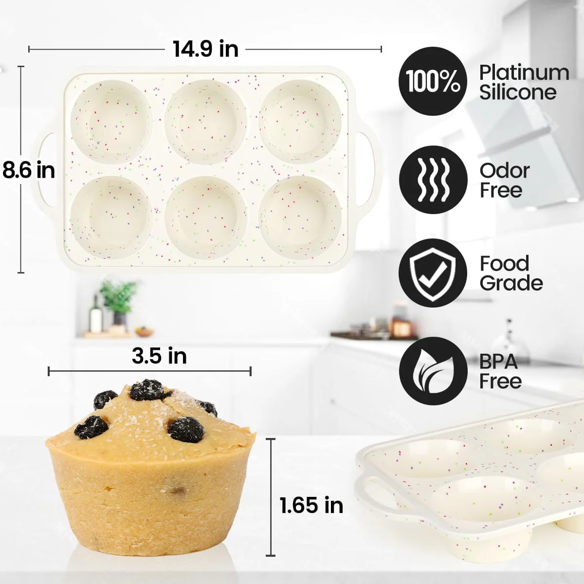 Large Muffin Pan, Metal Reinforced Frame 3.5 Inch Jumbo Silicone Muffin Pan Nonstick 6 Cups for Baking Jumbo Muffin, Frittatas, Jumbo Cupcakes 2 Pack Confetti - Image 7