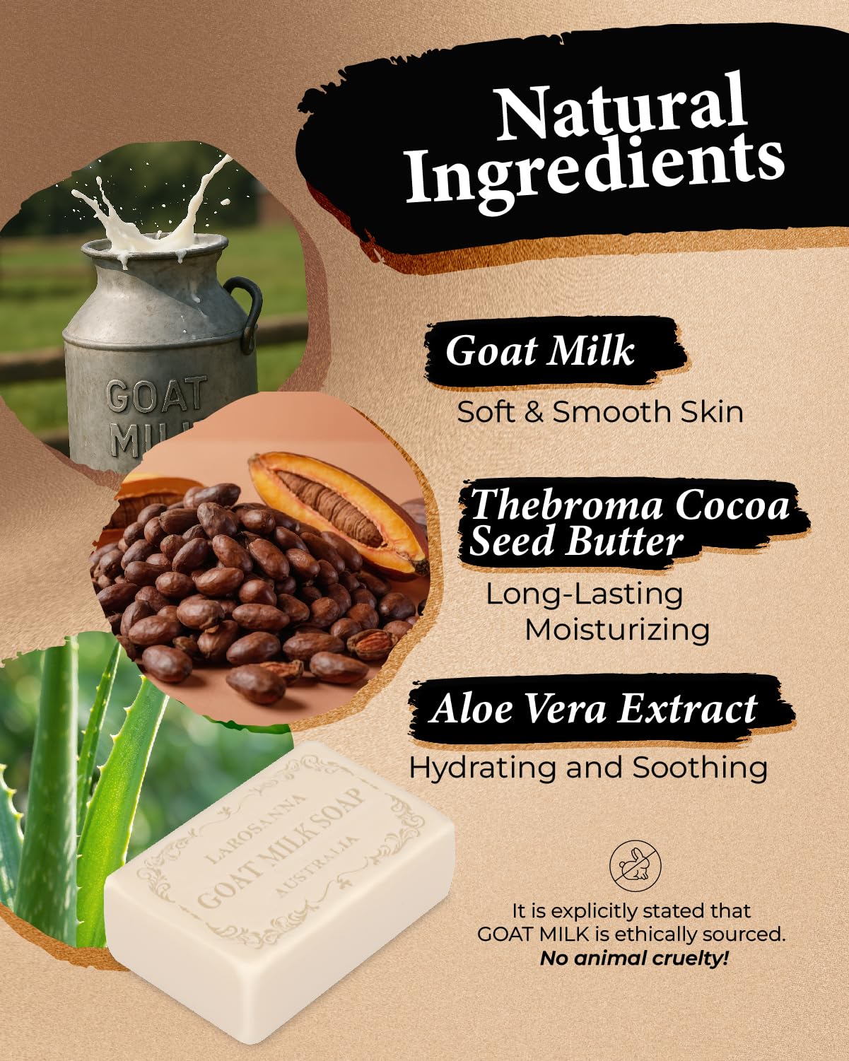 larosanna Australian Goat Milk Soap,Helps Moisturize,Smooth & Cleanse Skin,Triple-milled Bar Soap with Cocoa Butter,Aloe Vera and Pure Plant Oil,Body Soap Bars 6.3 oz for Adults & Babies,Pack of 4 - Image 7