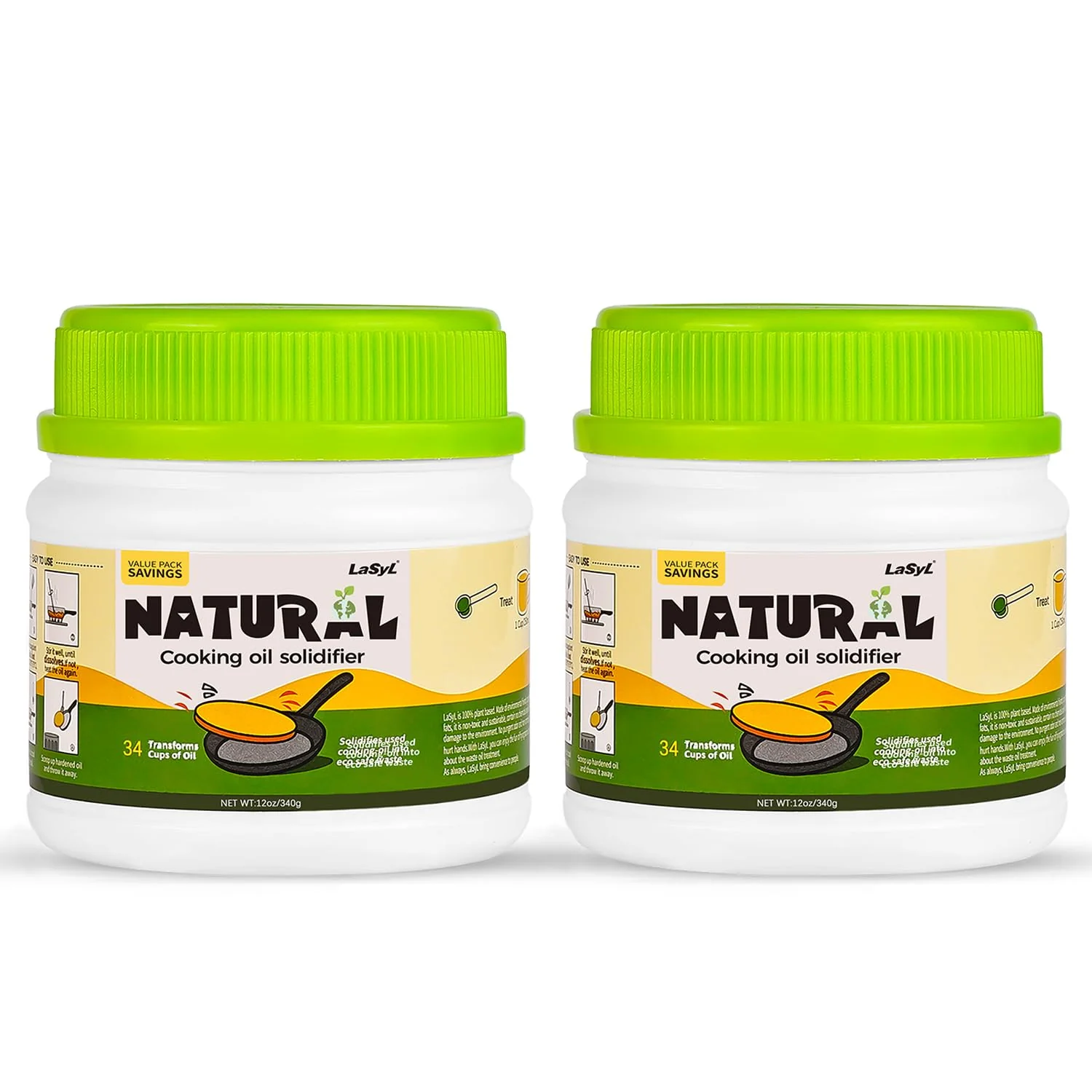 LaSyL Natural Cooking Oil Solidifier Powder, Harden Up to 2.25 Gallon of Fry Oil Away from Mess, 100% Plant-Based Oil Hardener for Disposal, Value Pack 12 Oz （2 Pack）