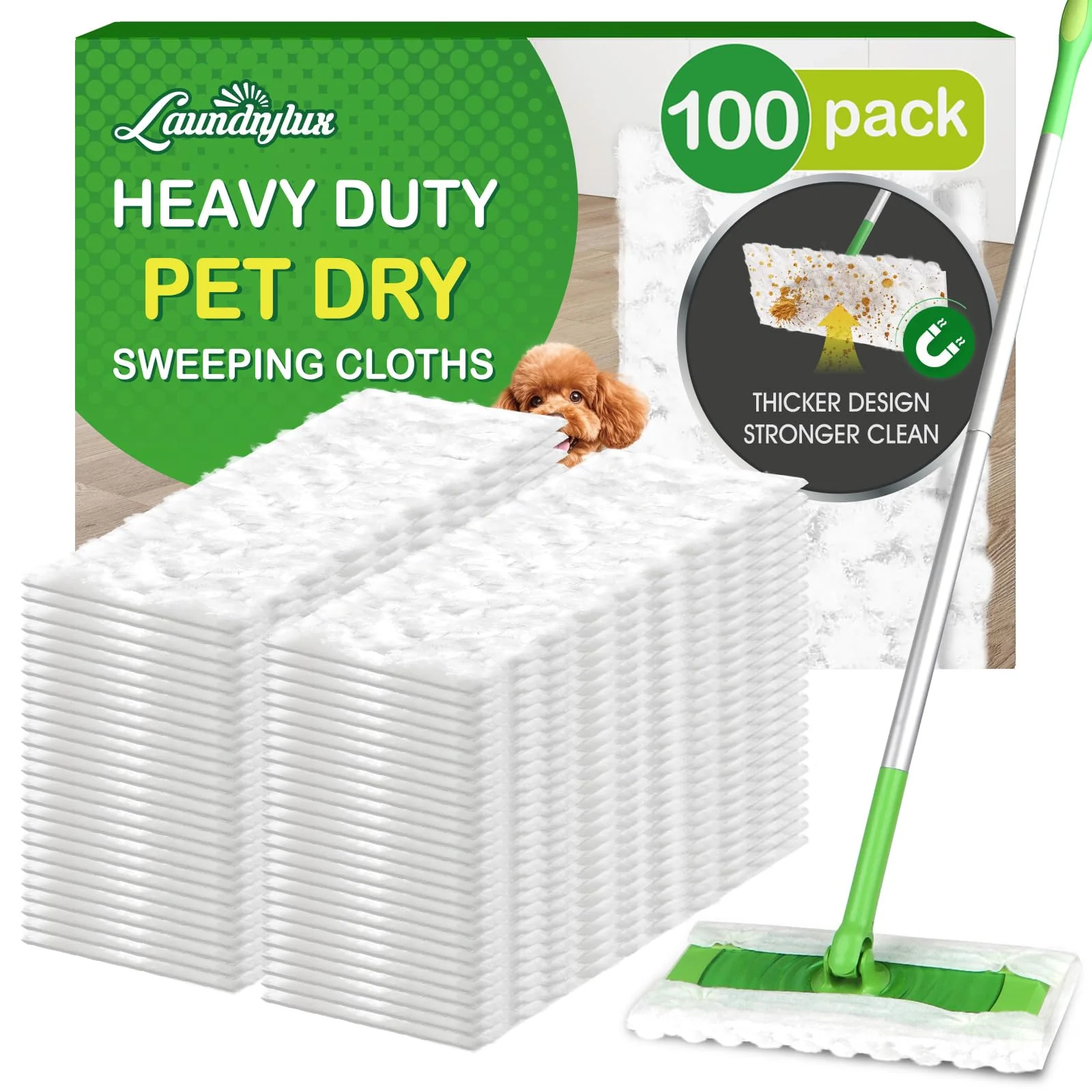 LAUNDRYLUX Heavy Duty Dry Sweeping Cloths Refills Compatible with Swiffer Sweeper, Multi Surface Pet Dry Pads Refill, Floor Cleaner for Dust, Hair, Dirt, Disposable Duster Mop Pad - 100 Count
