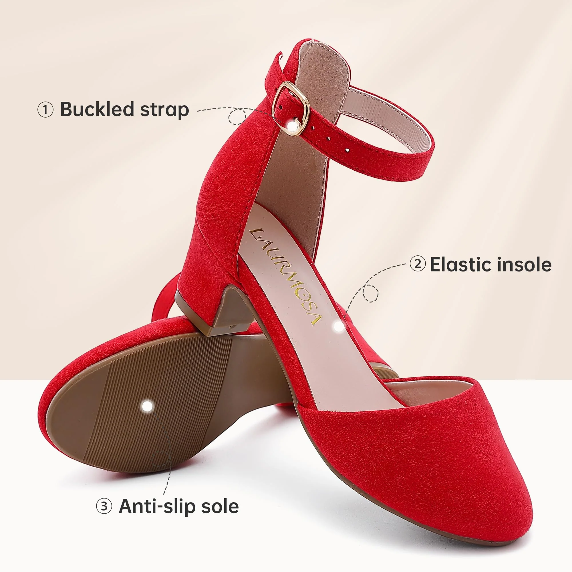 LAURMOSA Heels for Girls Closed Toe Red Dress Shoes Low Heel Block Pumps Platform Shoes Dorothy Halloween Christmas Party High Heel Chunky Wedding for Toddler Little Big Kids(L1012Red 4) - Image 5