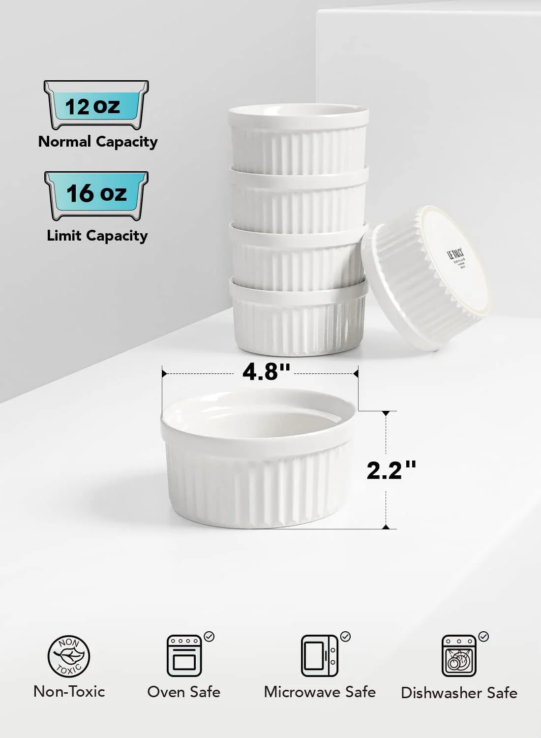 LE TAUCI Ramekins 12 OZ Oven Safe, Ceramic Souffle Dishes for Oven, Custard Cups, Creme Brulee Dishes, Porcelain Large Ramekins, Pudding Ramiken, Dipping Sauces, Set of 6, White - Image 7