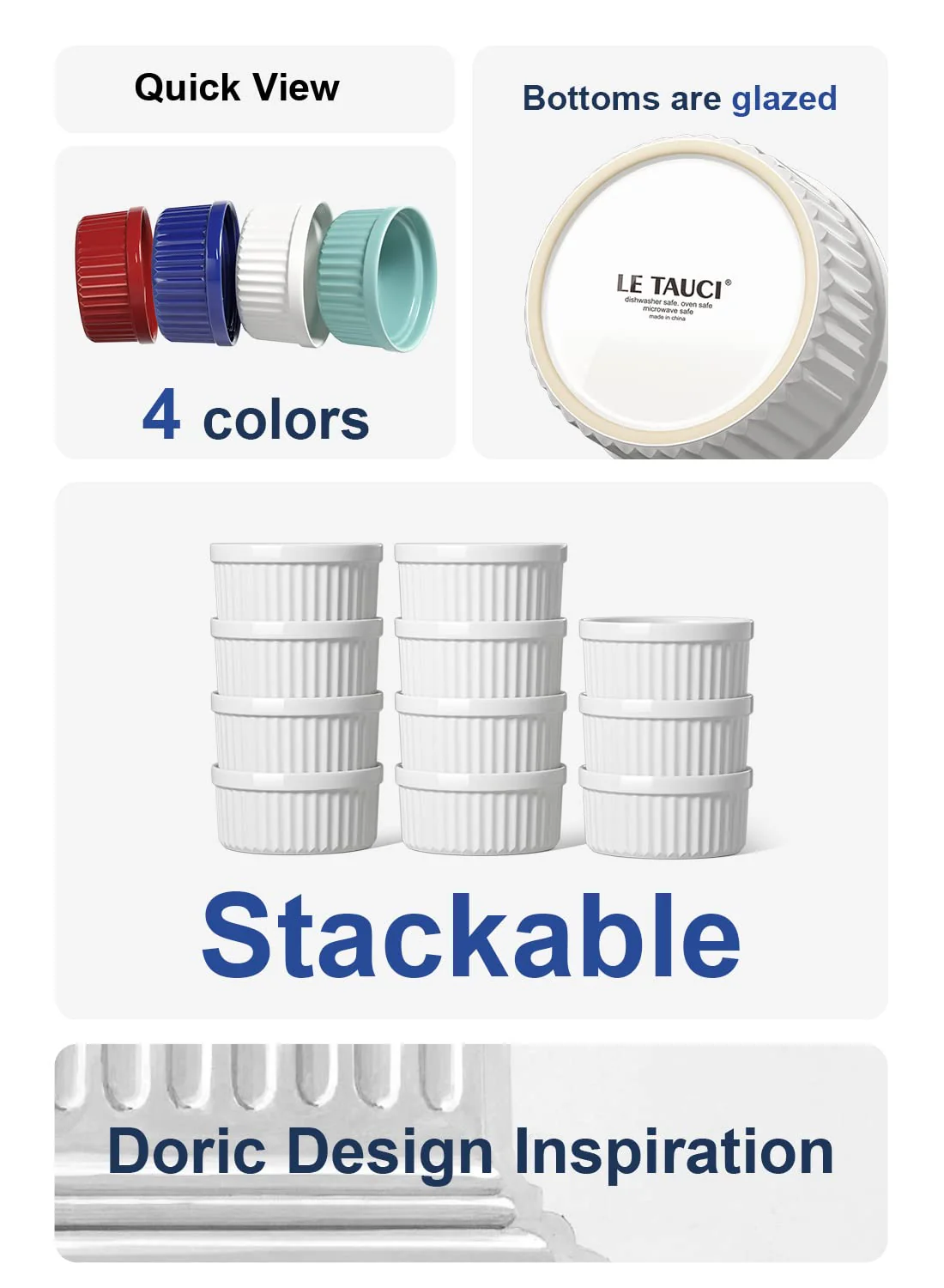 LE TAUCI Ramekins 8 OZ Oven Safe, Creme Brulee Ramekins, Pudding Custard Cups Souffle Ramiken, Dipping Sauce Dishes, Ceramic Ramekin Bowls Set of 6, White - Image 8