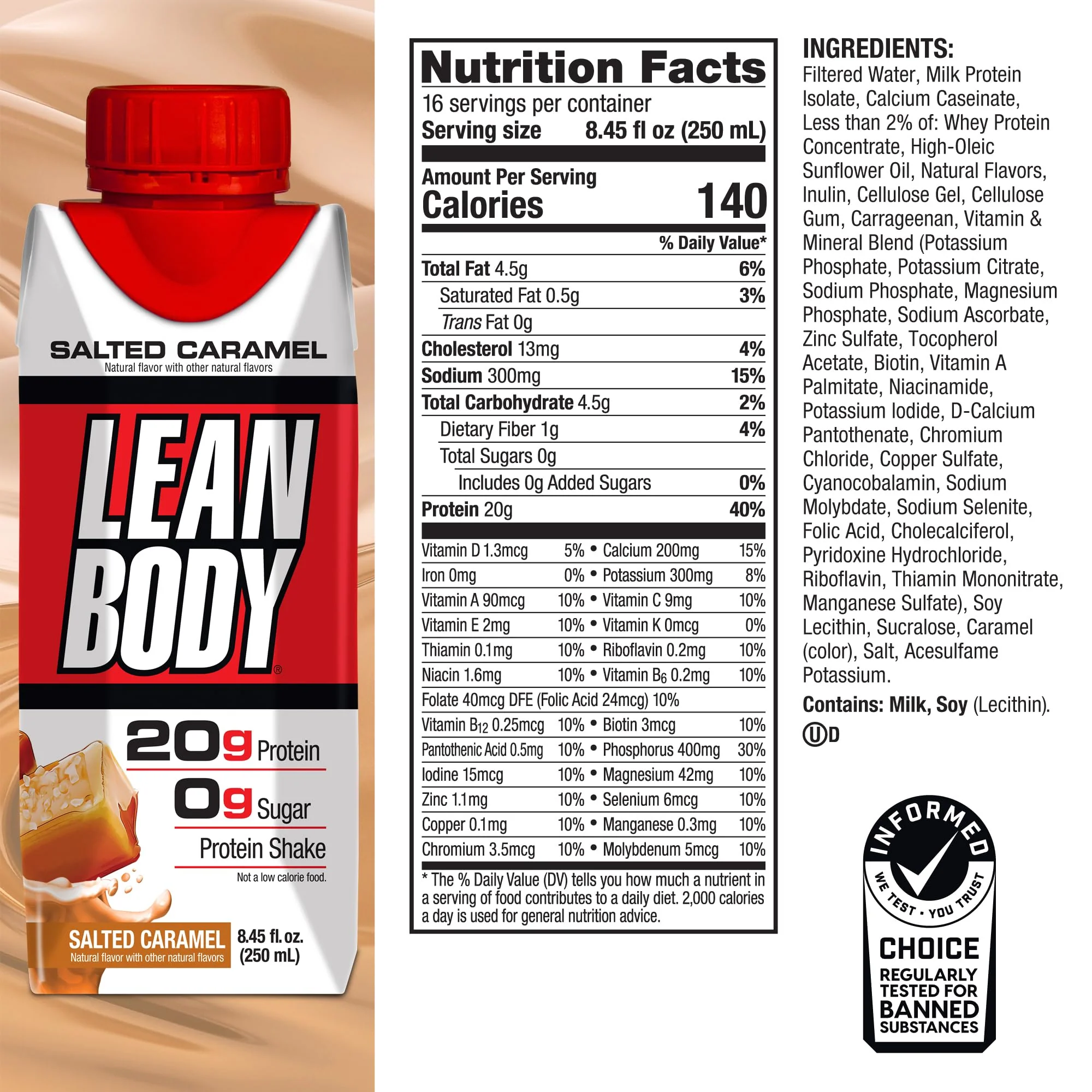 Lean Body Ready-to-Drink Salted Caramel Protein Shake, 40g Protein, Whey Blend, 0 Sugar, Gluten Free, 22 Vitamins & Minerals, 17 Fl Oz (Pack of 12) - Image 6