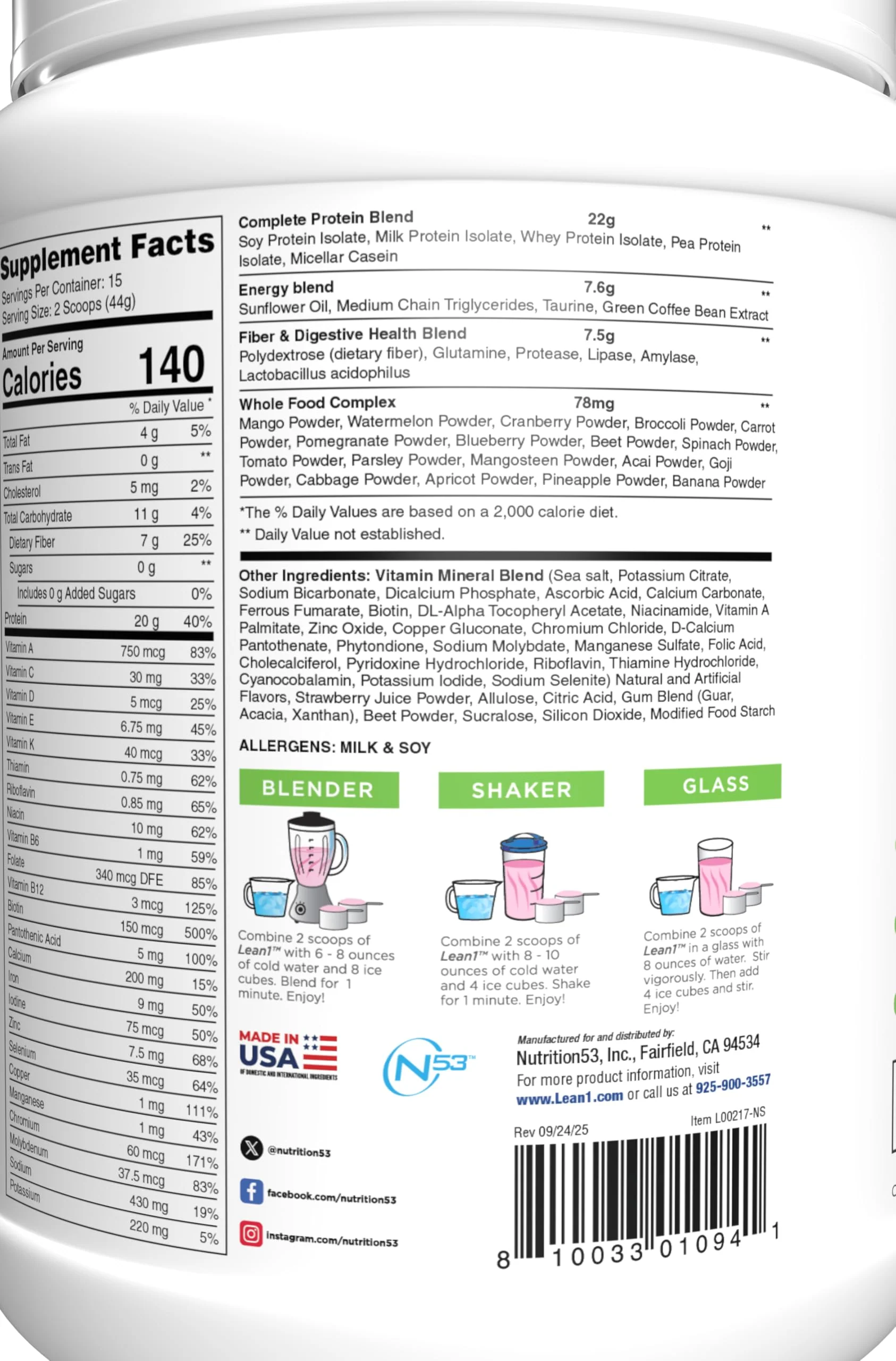 Lean1 Meal Replacement Protein Shake, Strawberry Flavor, 15 Serving Tub - Image 6