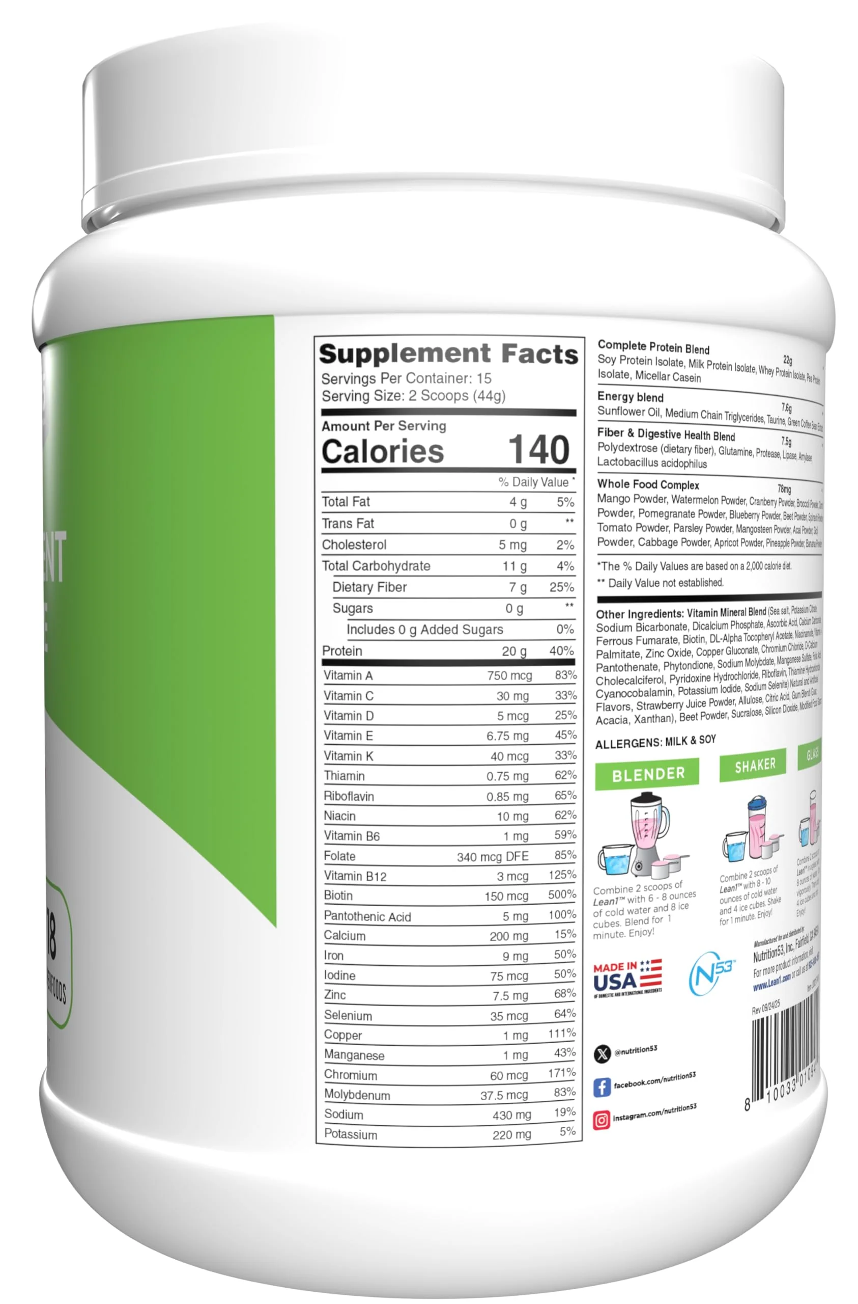 Lean1 Meal Replacement Protein Shake, Strawberry Flavor, 15 Serving Tub - Image 8