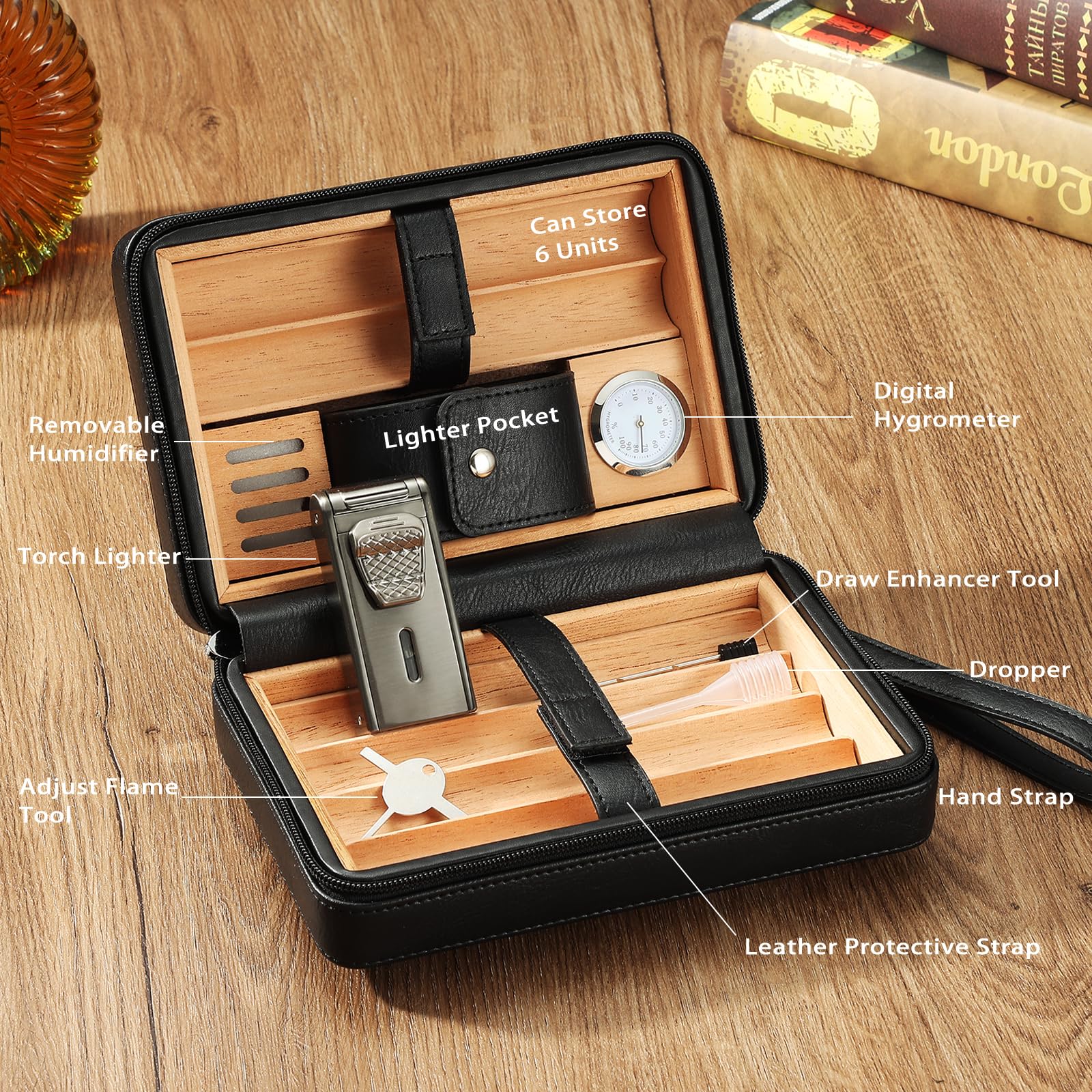 Leather Cedar Wood Case and All in One Double Jet Flame Torch Lighter Set, Built-in Cutter, Punch and Holder Function, Travel Box with Hygrometer, Draw Enhancer Tool, Gifts for Men. - Image 6