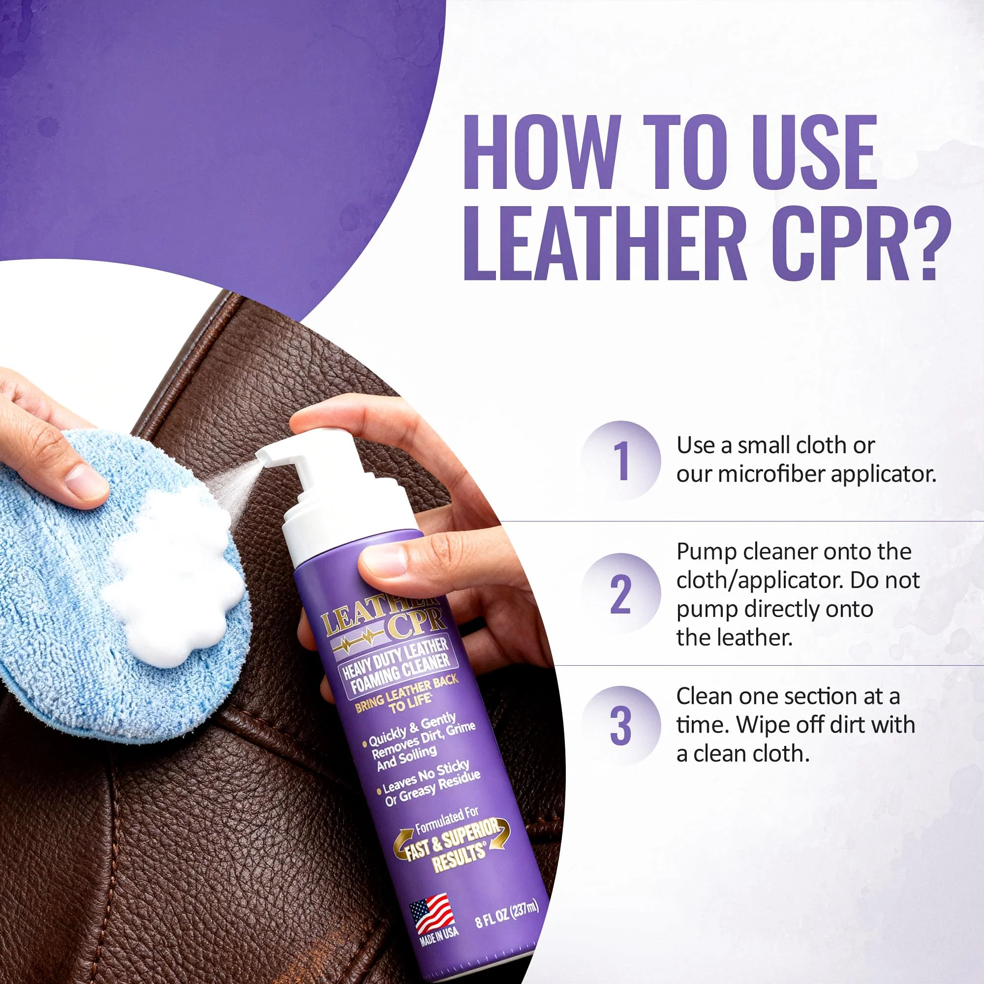 Leather CPR Heavy Duty Leather Foaming Cleaner - 8 oz - Car Interior Cleaner For Heavy Dirt & Grime, Heavily Soiled Furniture Leather Cleaner For Couch, Car Seat,Purses, Shoes, Boots, & More - Image 3