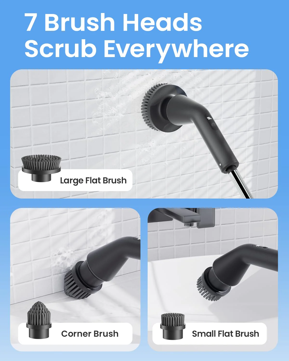 Leebein Electric Spin Scrubber, Cordless Cleaning Brush for Bathroom Shower Tub, IPX7 Waterproof Power Scrubber with 7 Brush Heads, Extendable Long Handle and 2 Speeds Scrubber for Bathtub Floor - Image 3
