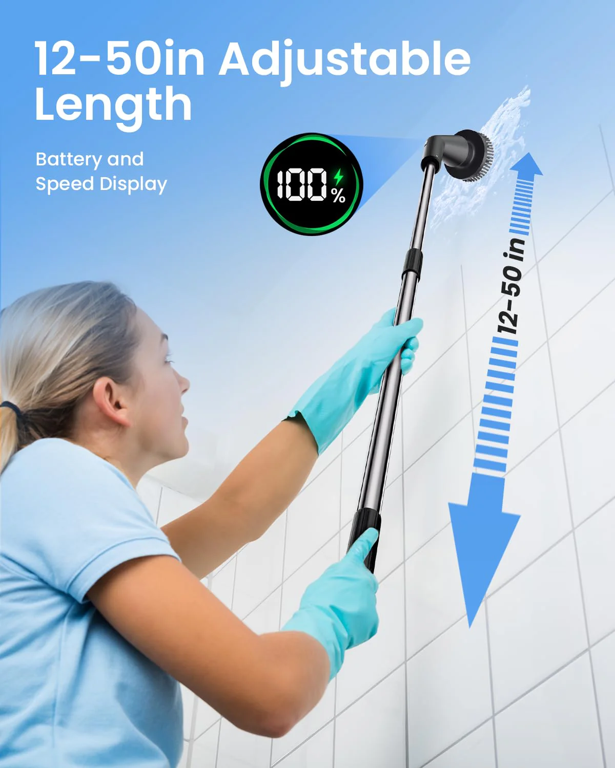 Leebein Electric Spin Scrubber, Cordless Cleaning Brush for Bathroom Shower Tub, IPX7 Waterproof Power Scrubber with 7 Brush Heads, Extendable Long Handle and 2 Speeds Scrubber for Bathtub Floor - Image 5