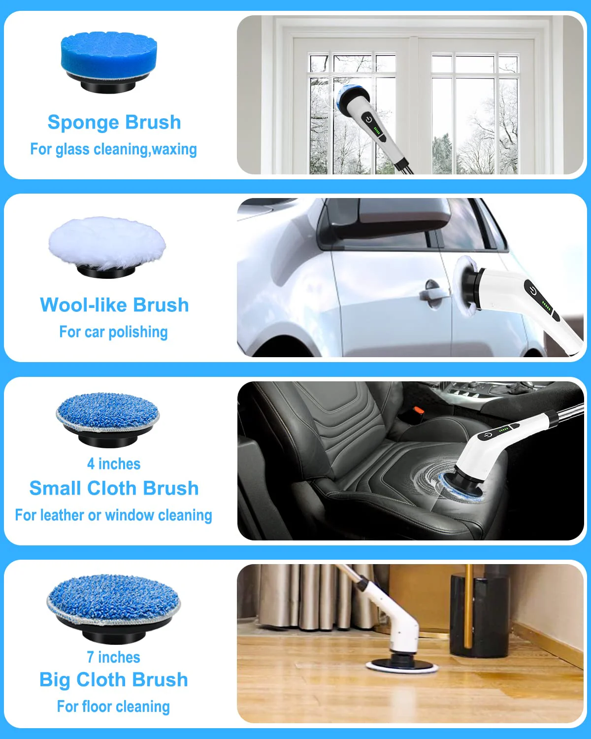 Leebein Electric Spin Scrubber, Cordless Cleaning Brush with 8 Replaceable Brush Heads, Tub and Floor Tile 360 Power Scrubber Dual Speed with Adjustable & Detachable Handle for Bathroom Kitchen Car - Image 3