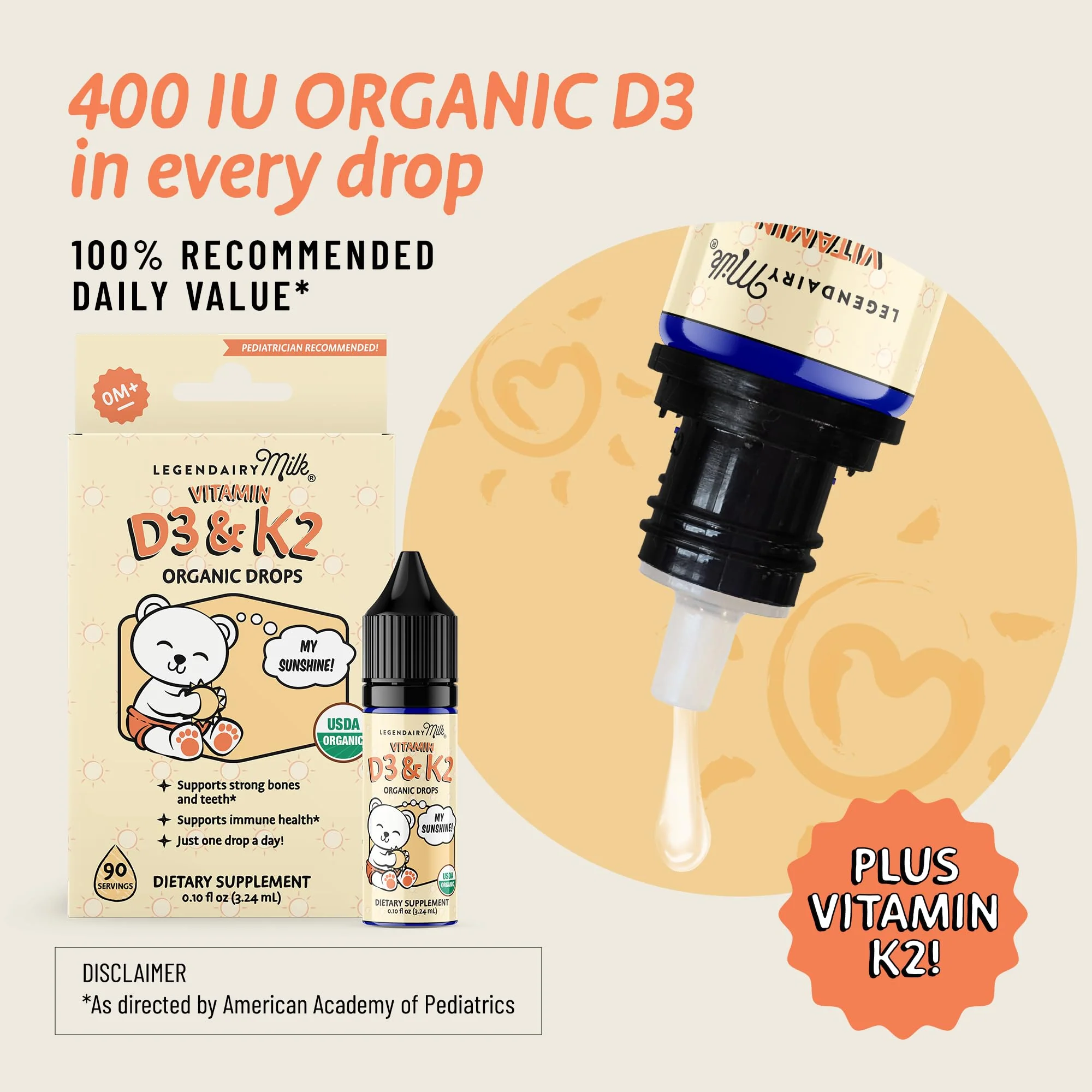 Legendairy Milk Vitamin D Drops for Infants, Organic Baby Vitamin D3 K2 Liquid 400 IU, Vegan for Newborns Toddlers & Kids, Childrens Supplement for Strong Bones & Teeth, Sugar Free, 90 Servings - Image 6