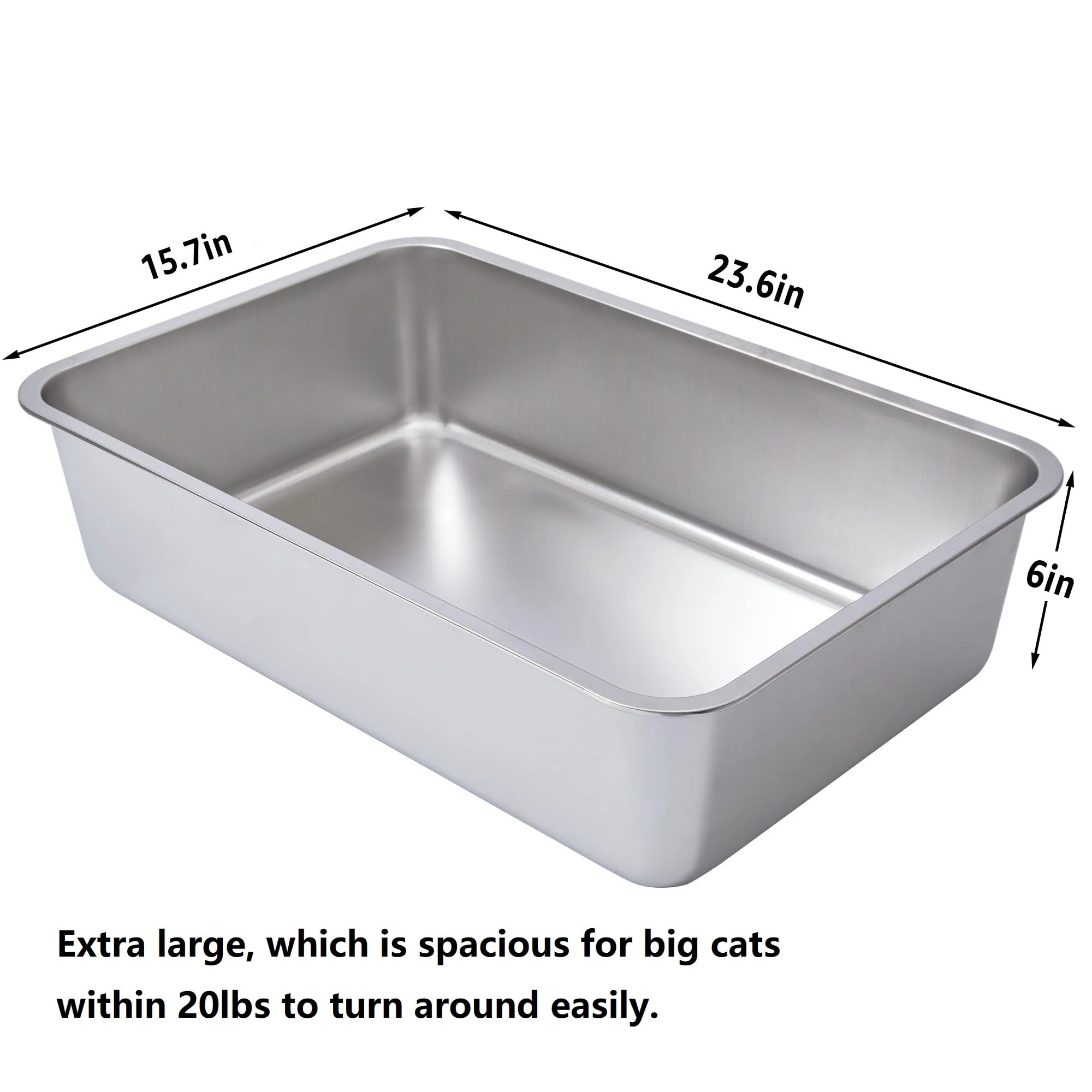 LEGOURNS XL Stainless Steel Litter Box 2 Pack, 23.6"x15.8"x6" (Height) Extra Large, Silver, Cat Litter Box, High Sides, Non Stick, No Smell, Easy Clean, Metal, For Big/Fat Cats & Kittens - Image 6