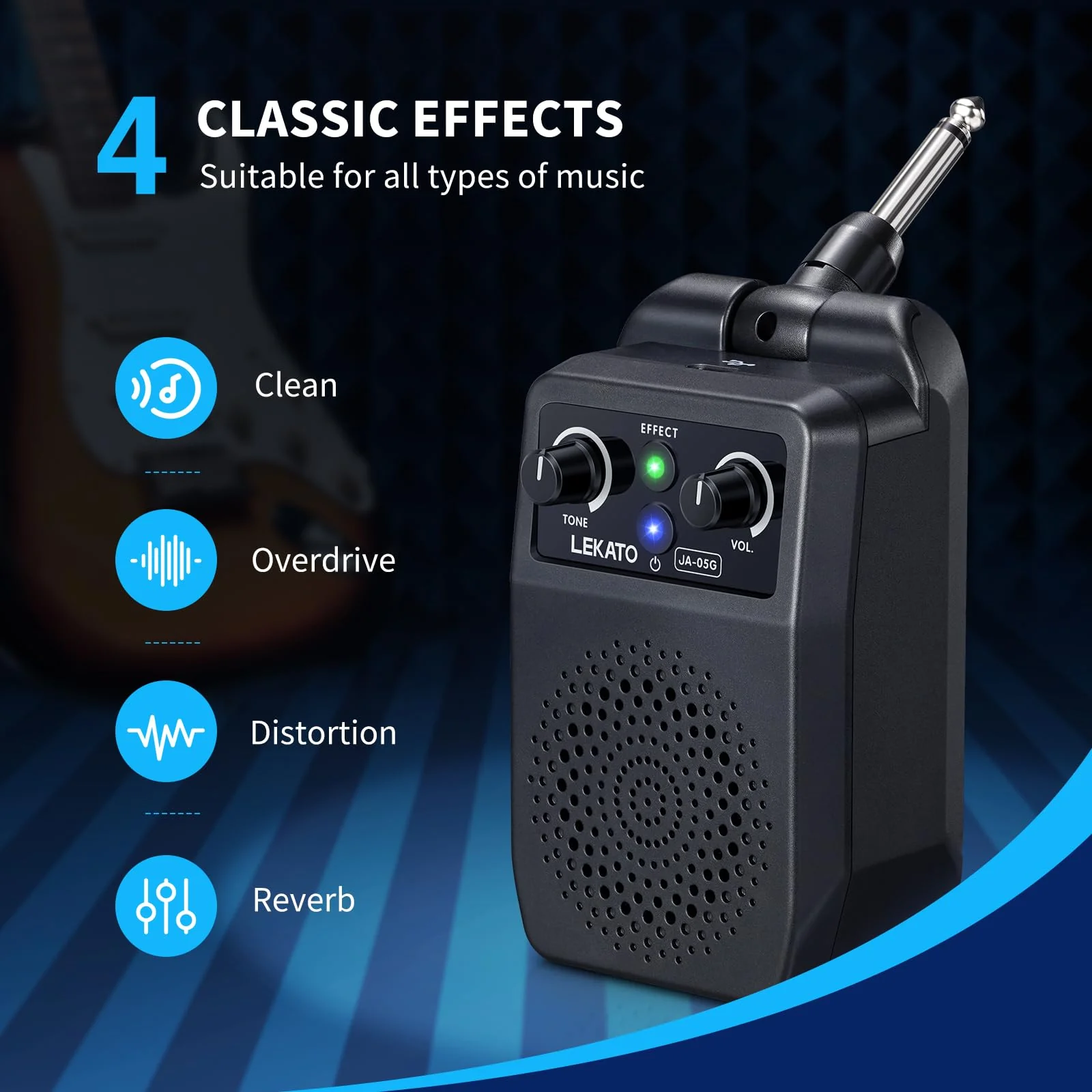 LEKATO Mini Electric Guitar Amp 5W, Portable Guitar Amp Bluetooth with Built-in 4 Effects, Clean Distortion Overdrive Reverb, Rechargeable Small Amplifier for Practice, Black (JA-05G) - Image 7