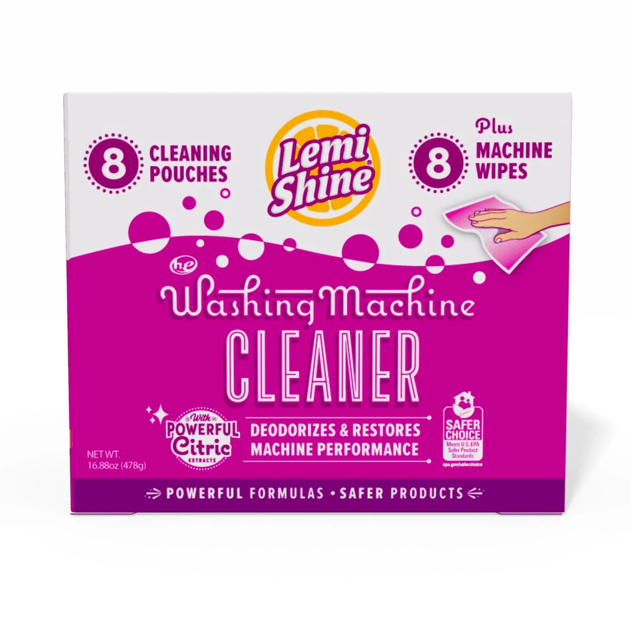 Lemi Shine Washing Machine Cleaner - Hard Water Citric Acid Cleaning Powder - Includes Machine Cleaning Wipes - 16.88 oz (8 Pack)