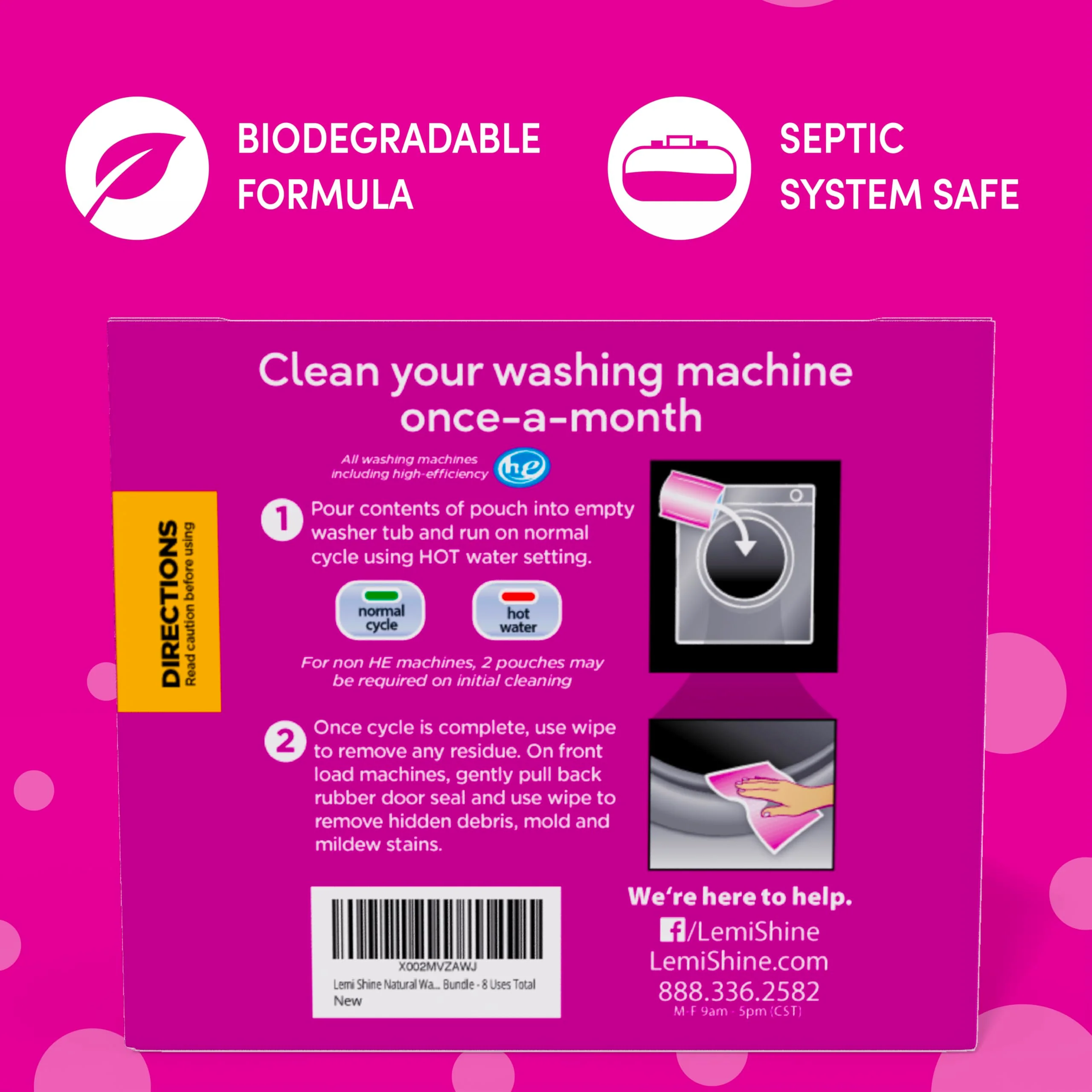 Lemi Shine Washing Machine Cleaner - Hard Water Citric Acid Cleaning Powder - Includes Machine Cleaning Wipes - 16.88 oz (8 Pack) - Image 3